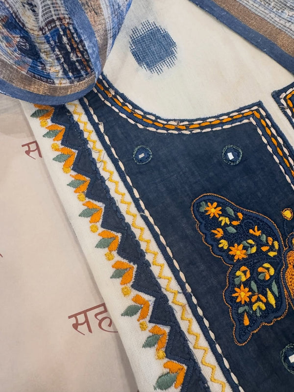 Pure cotton woven kurta with embroidered yoke and sleeve detailing