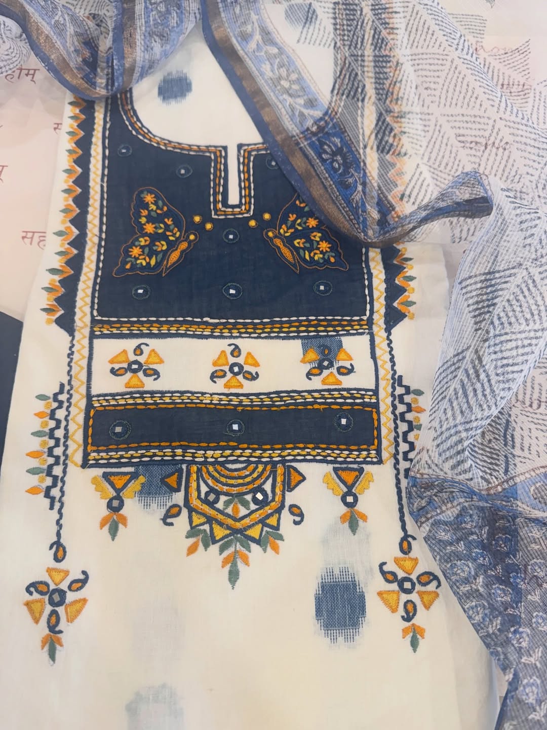 Pure cotton woven kurta with embroidered yoke and sleeve detailing