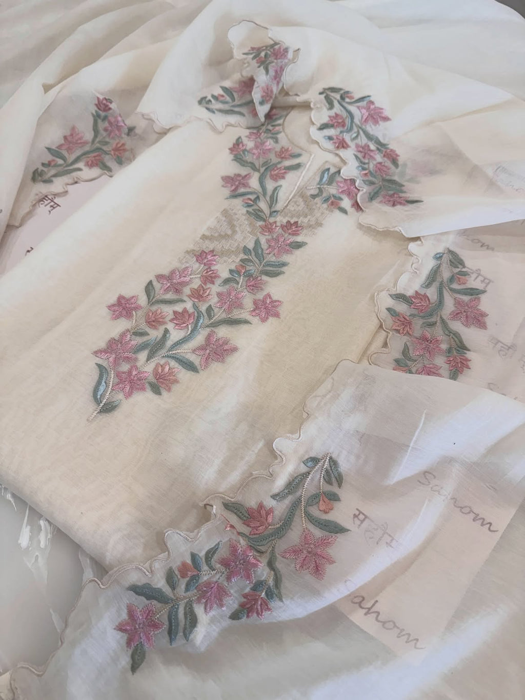 Pure Mul Chanderi Self-Embroidered Kurta Dupatta Set