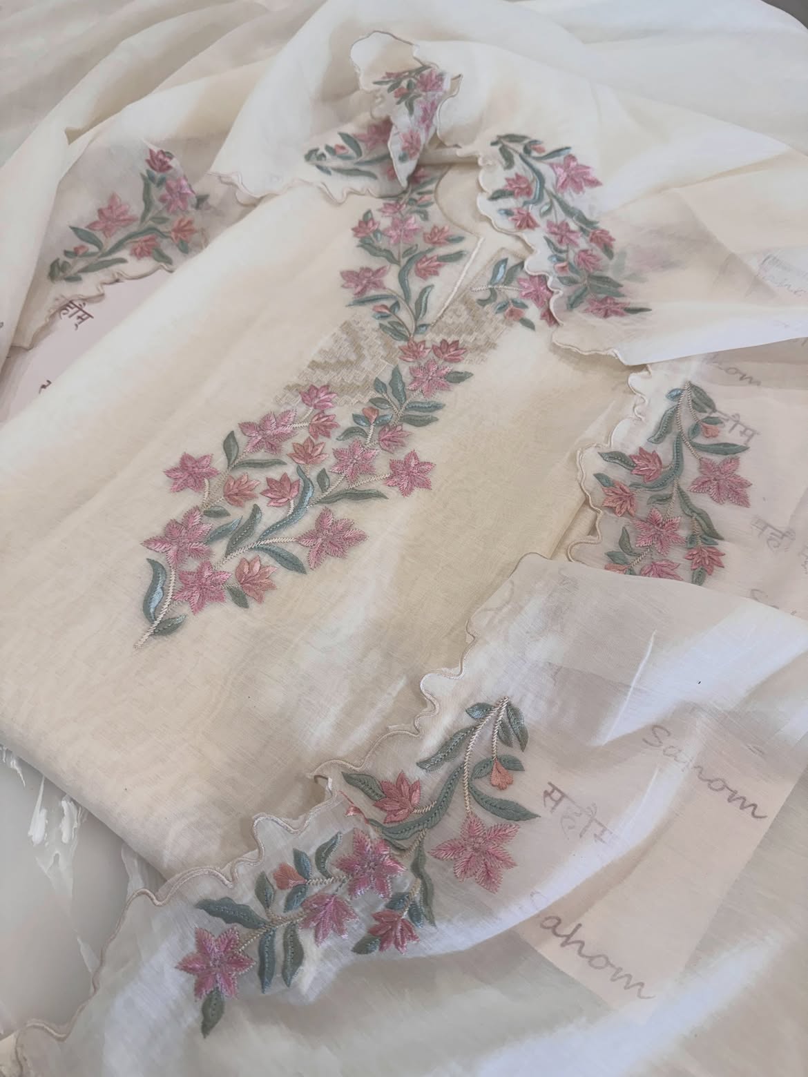 Pure Mul Chanderi Self-Embroidered Kurta Dupatta Set