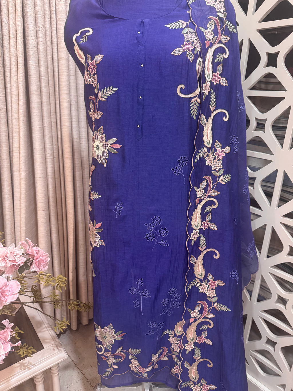 Pure Mul Chanderi Multicolour Embroidered Semi-Stitched Kurta Dupatta Set