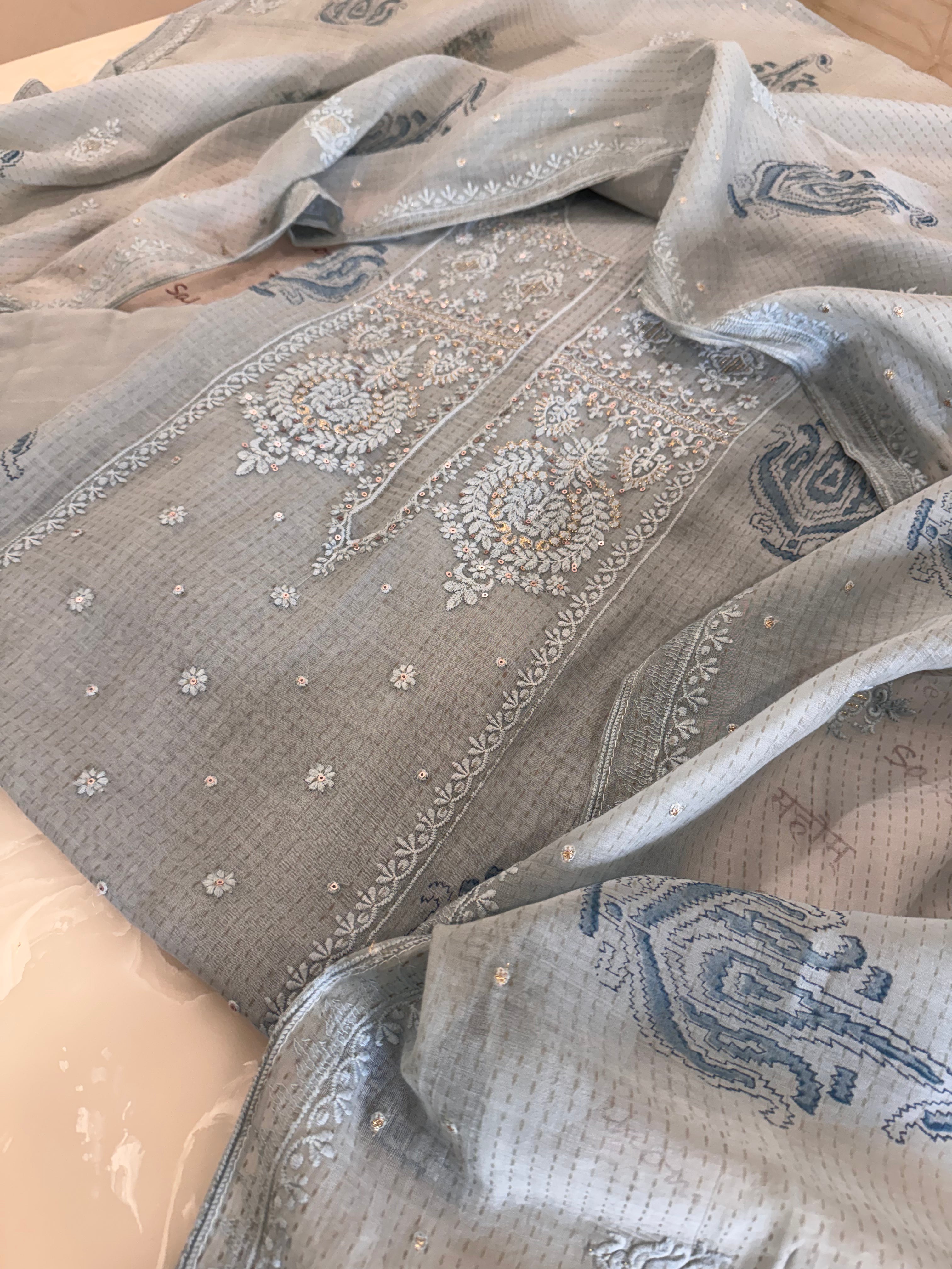 Pure Cotton Mul Chanderi Embroidered Suit Set