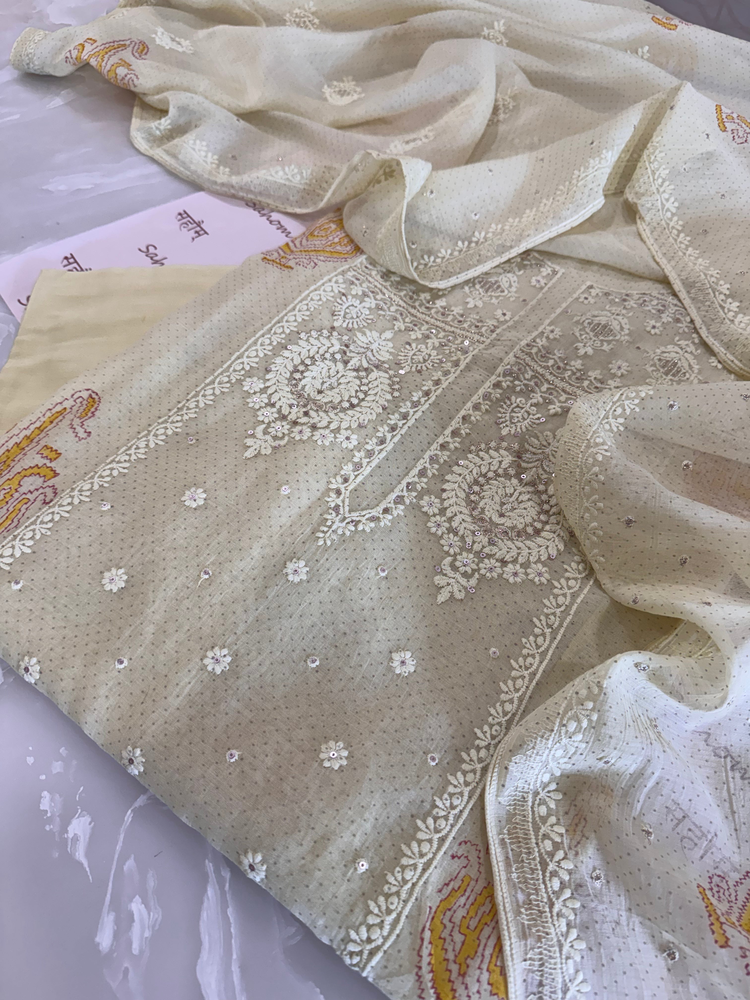 Pure Cotton Mul Chanderi Embroidered Suit Set
