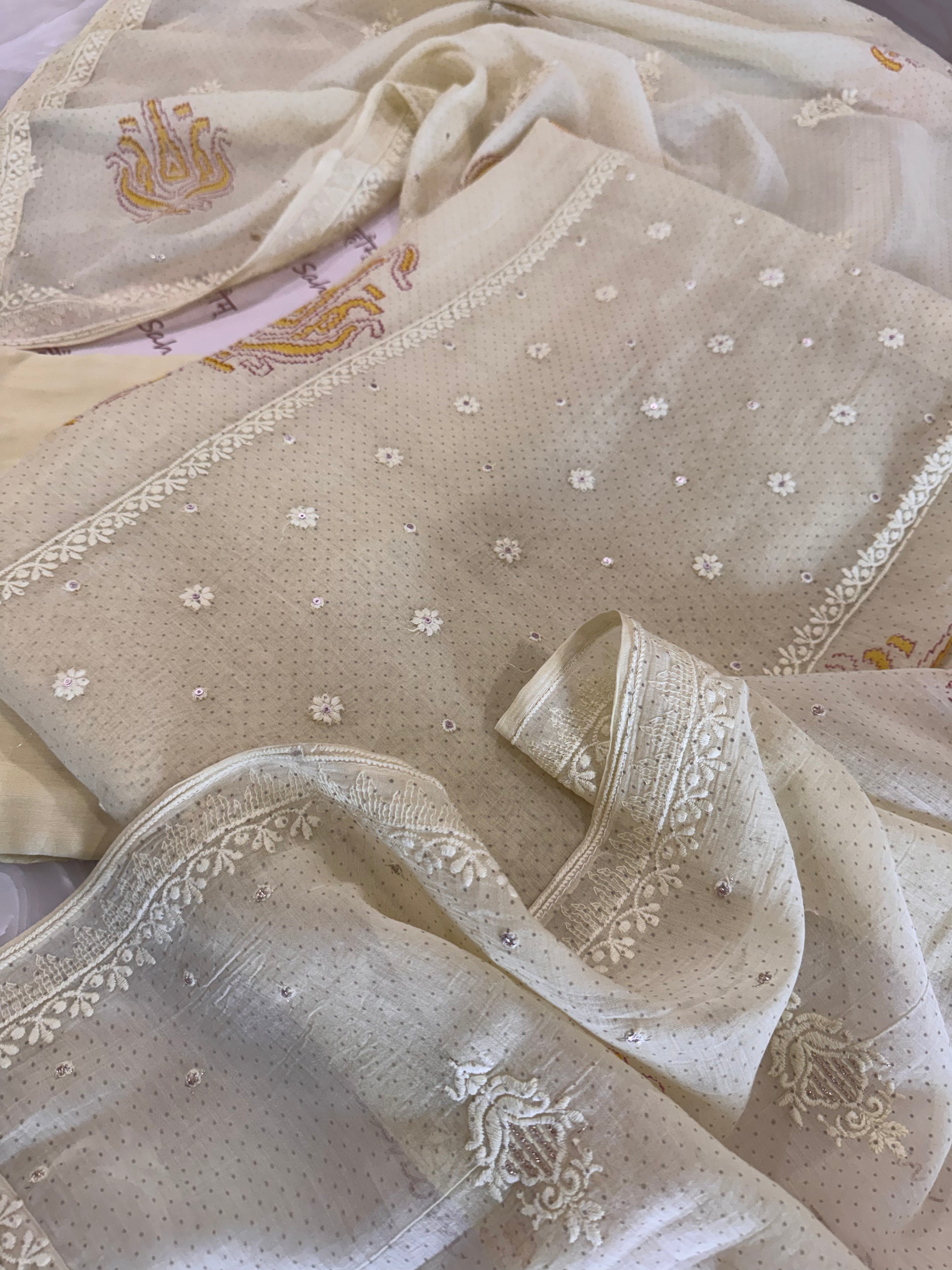 Pure Cotton Mul Chanderi Embroidered Suit Set
