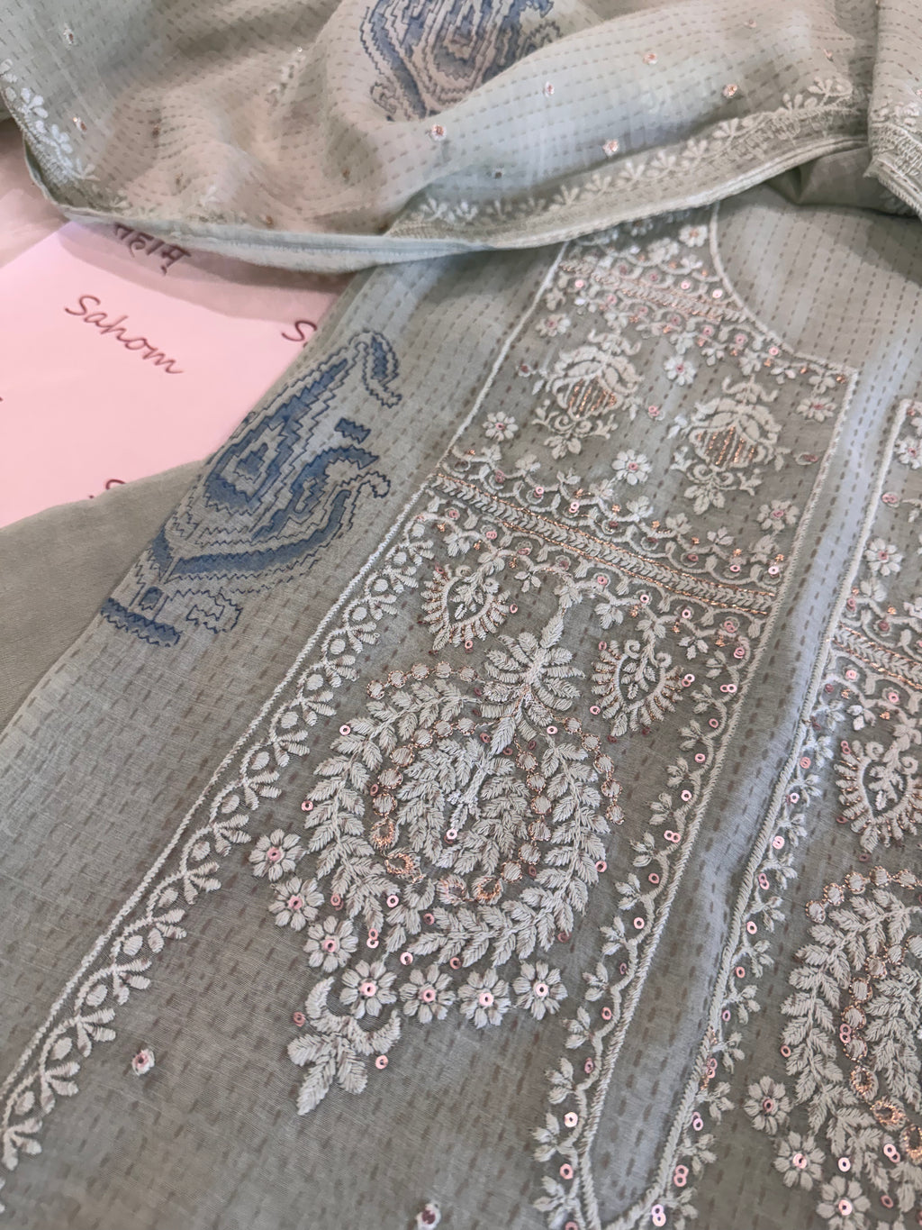 Pure Cotton Mul Chanderi Embroidered Suit Set