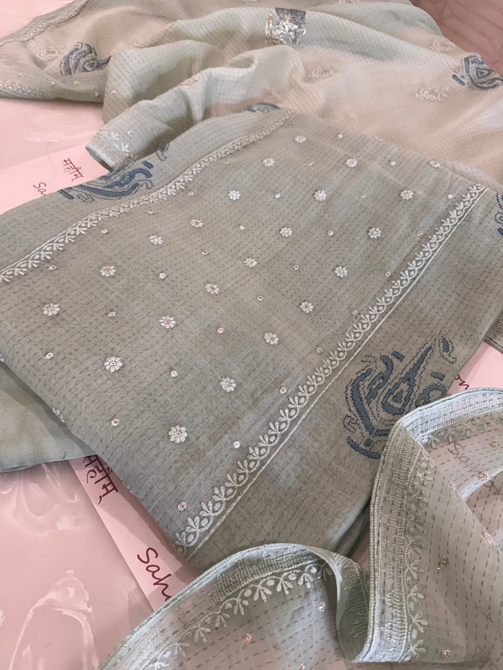 Pure Cotton Mul Chanderi Embroidered Suit Set