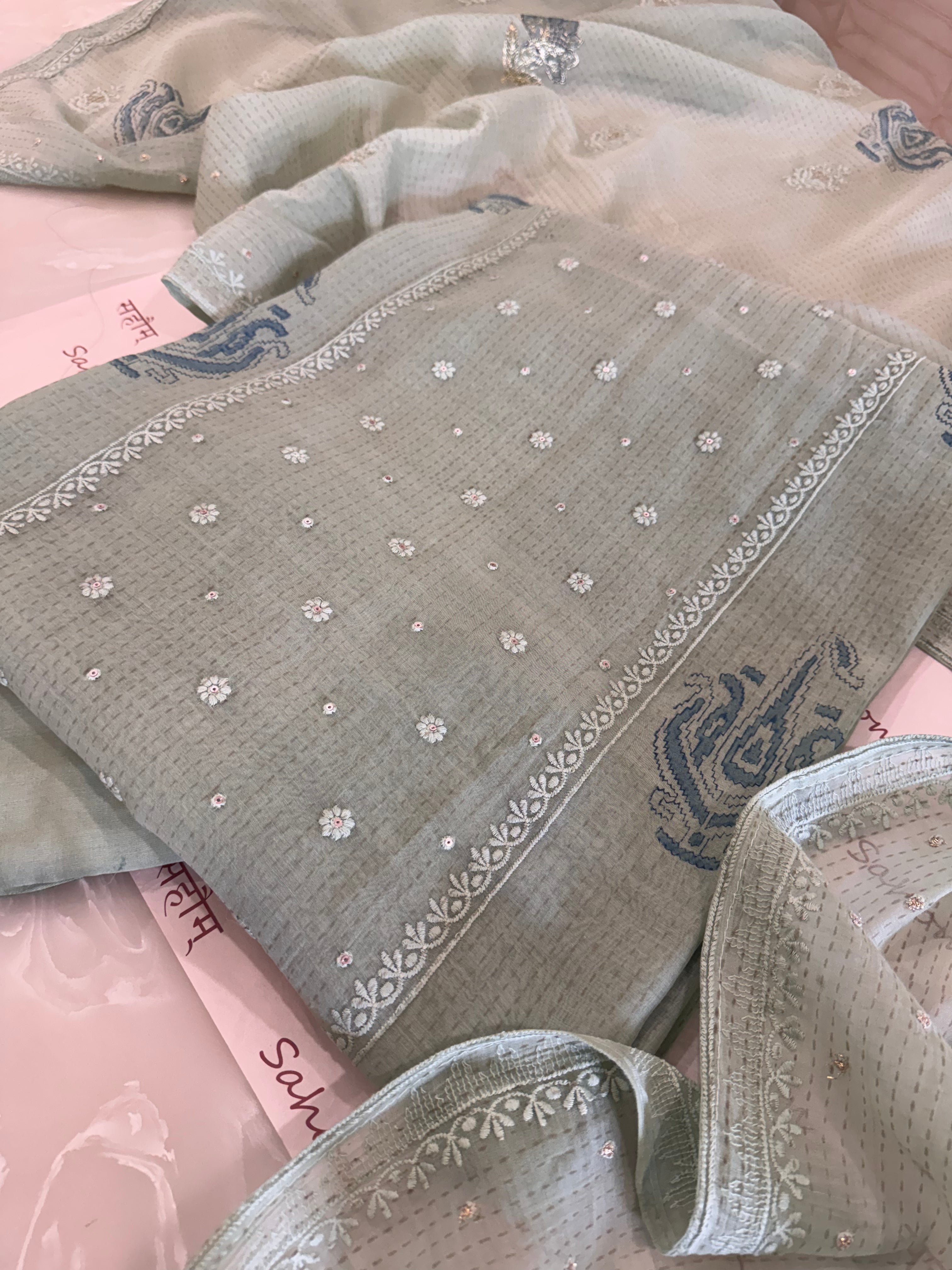 Pure Mul Chanderi Block Printed Ann Machine Lucknowi Chikankari Suit Set