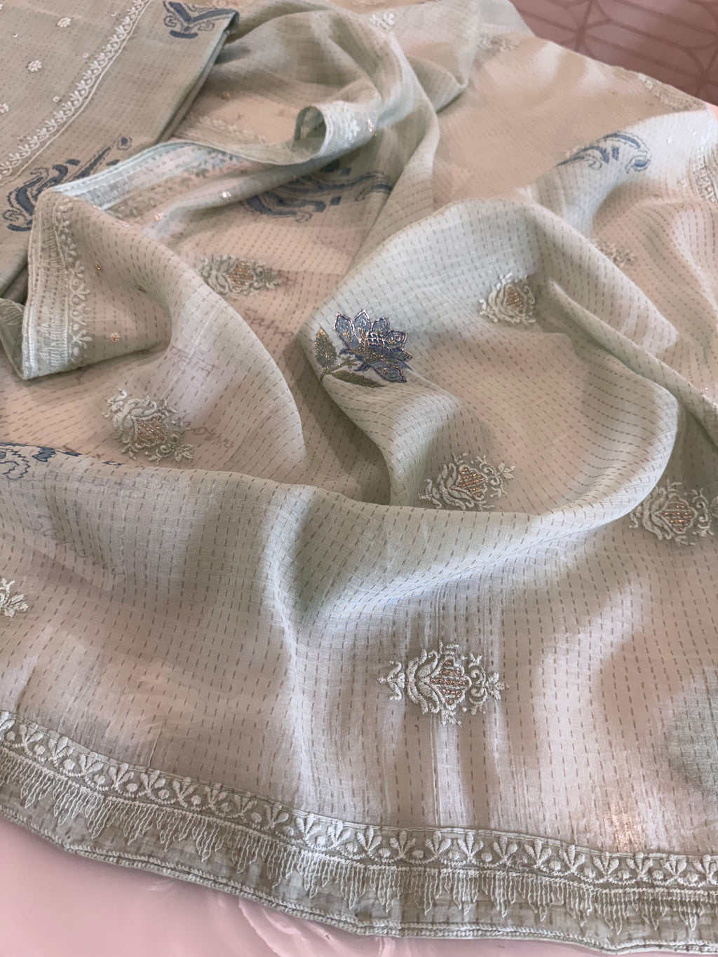 Pure Cotton Mul Chanderi Embroidered Suit Set