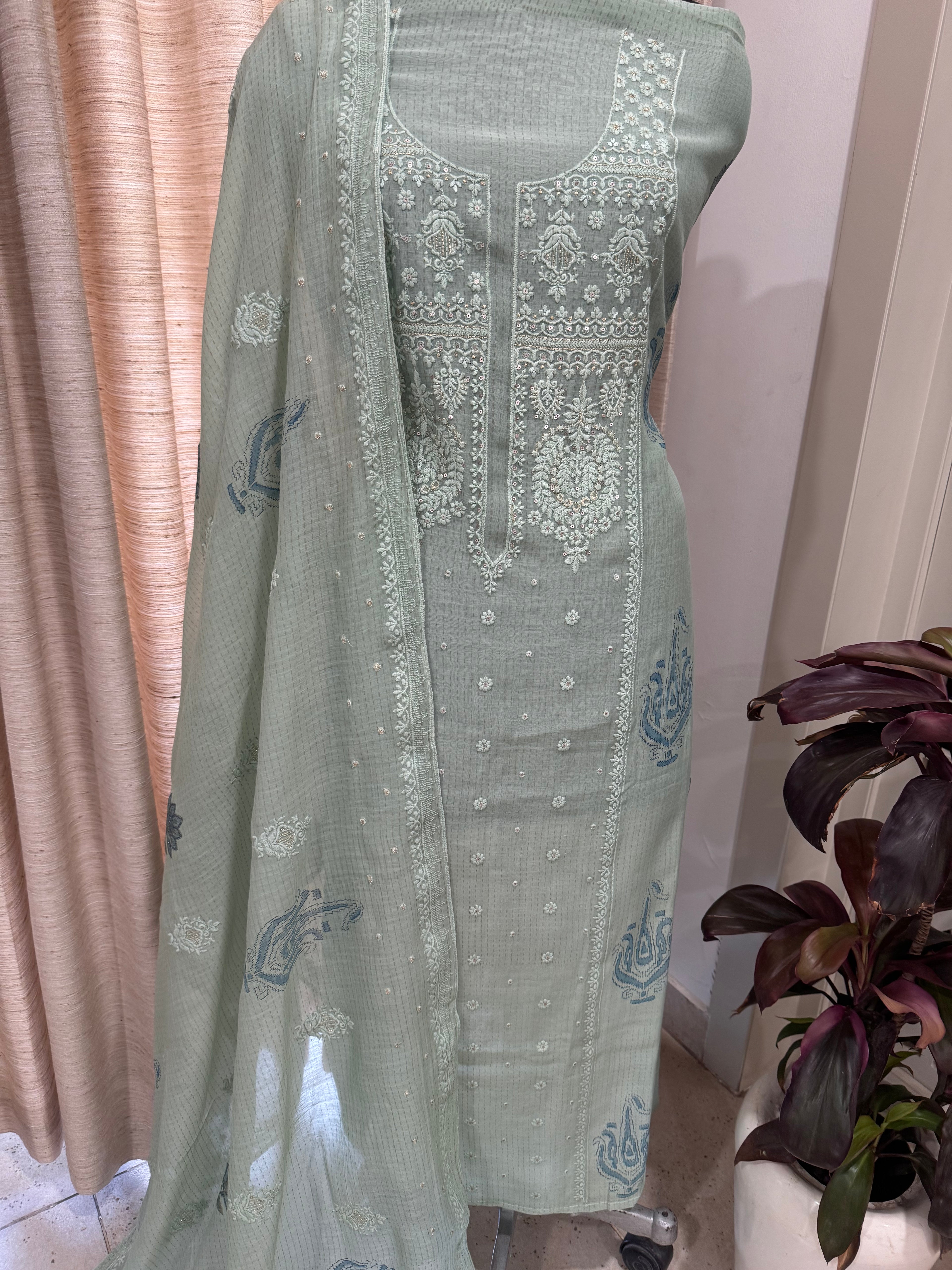 Pure Cotton Mul Chanderi Embroidered Suit Set