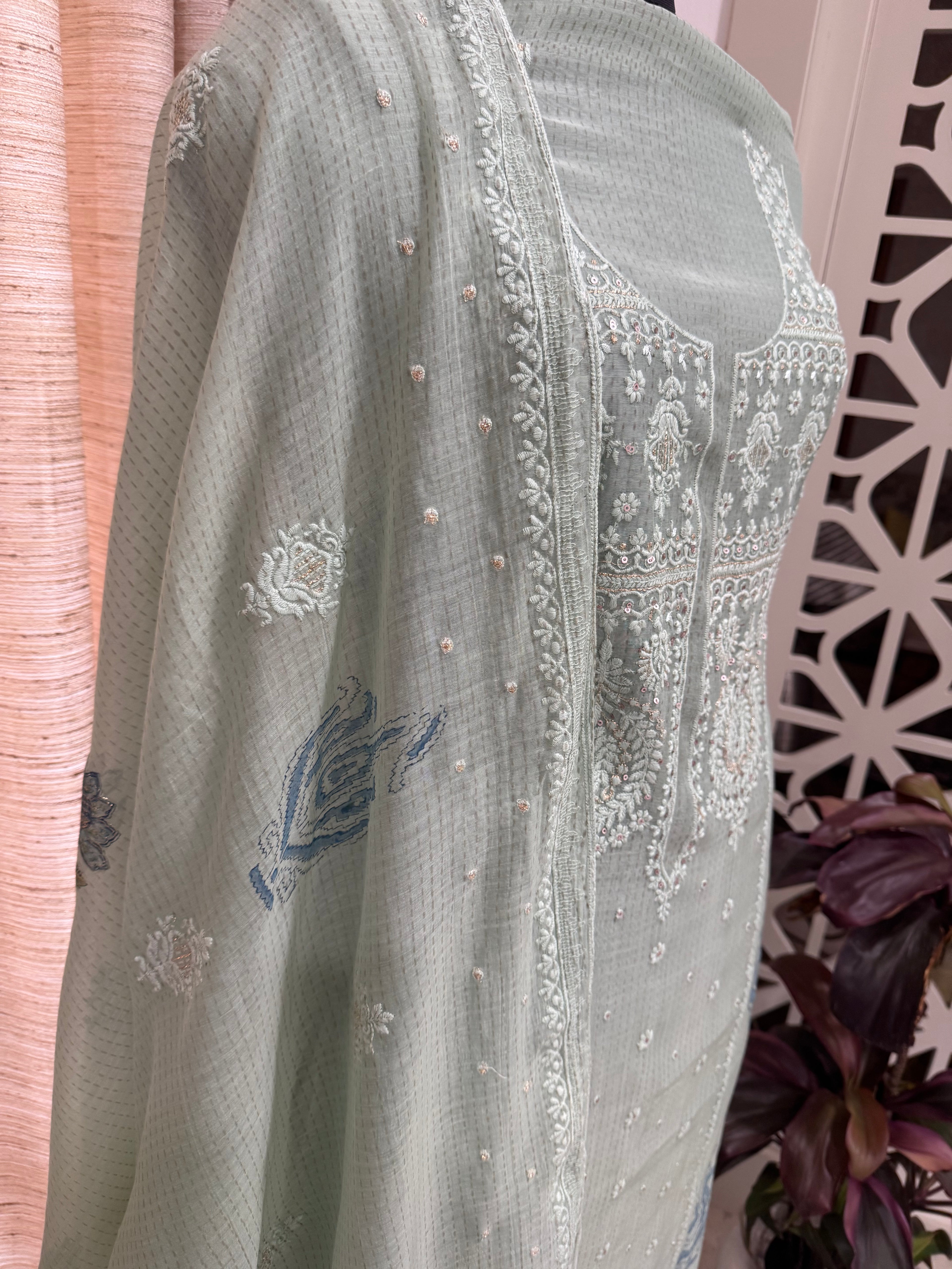 Pure Mul Chanderi Block Printed Ann Machine Lucknowi Chikankari Suit Set