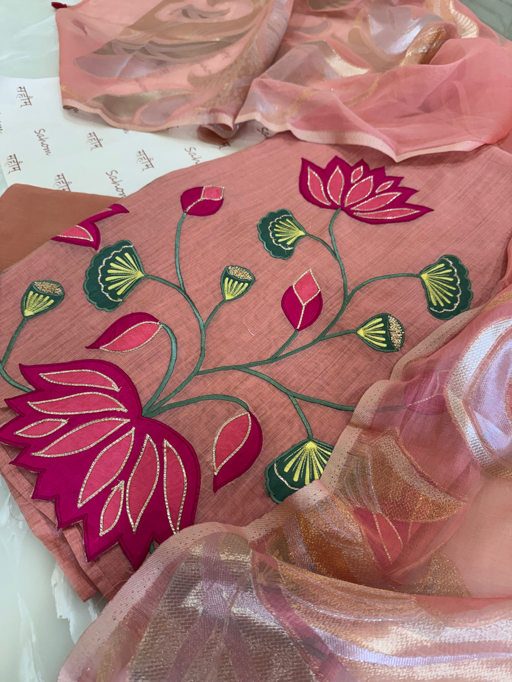 Pure Muslin Chanderi Appliqué & Gota Work Suit Set