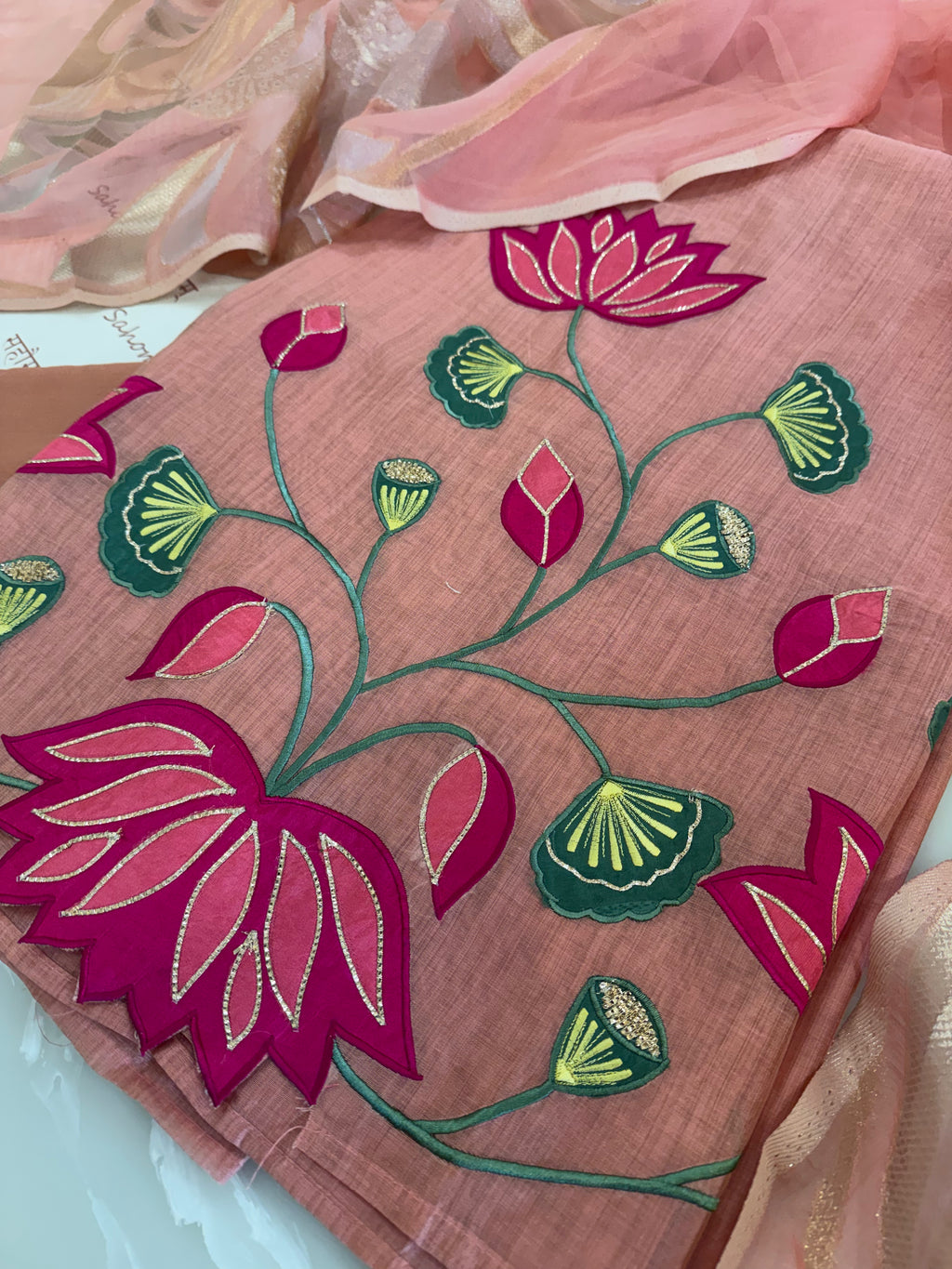 Pure Muslin Chanderi Appliqué & Gota Work Suit Set