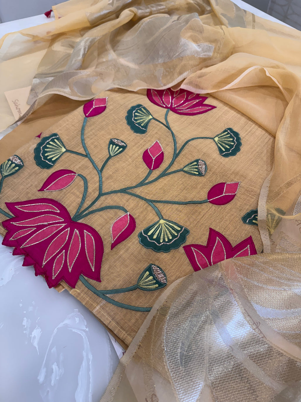 Pure Muslin Chanderi Appliqué & Gota Work Suit Set