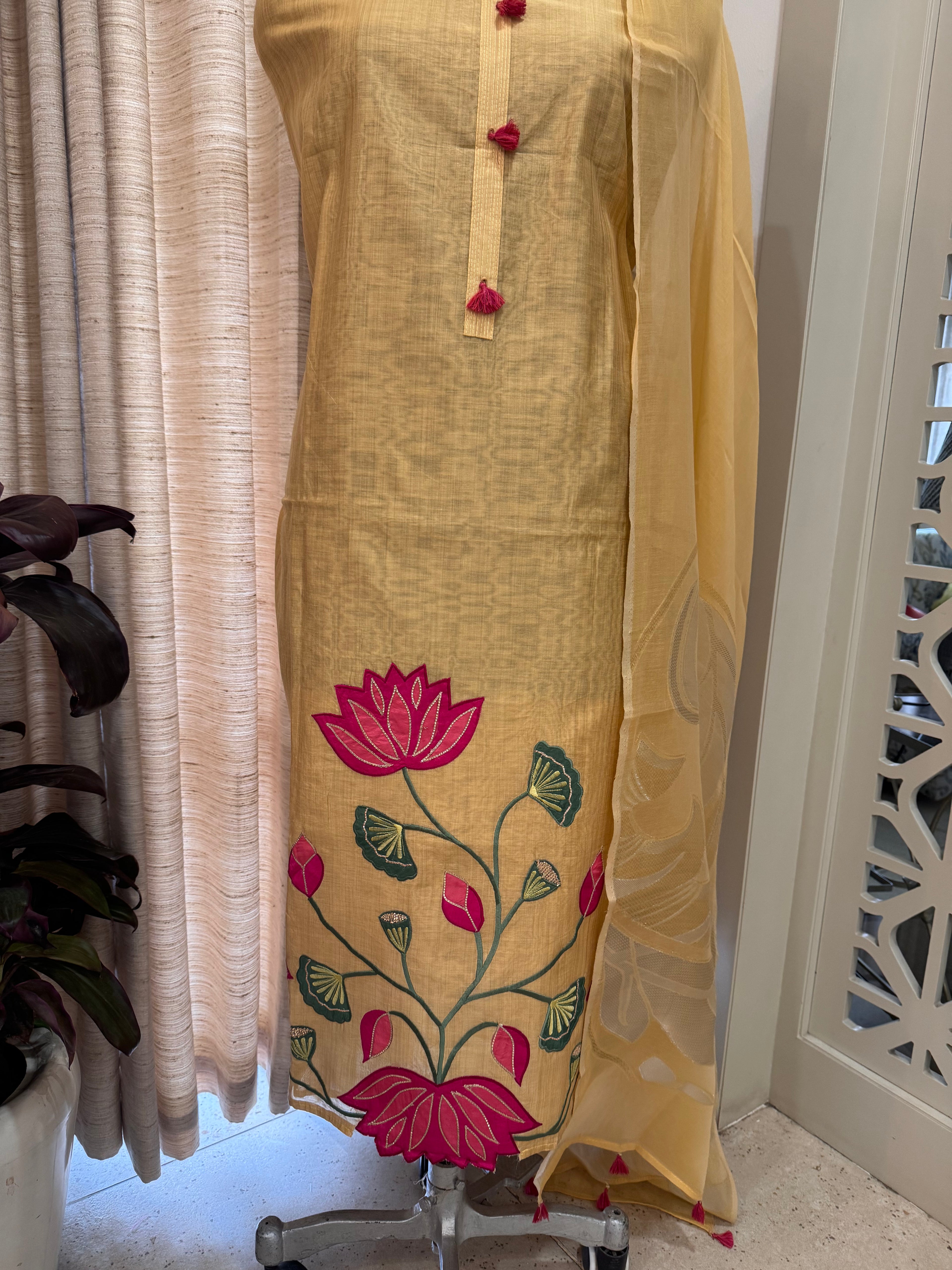 Pure Muslin Chanderi Appliqué & Gota Work Suit Set