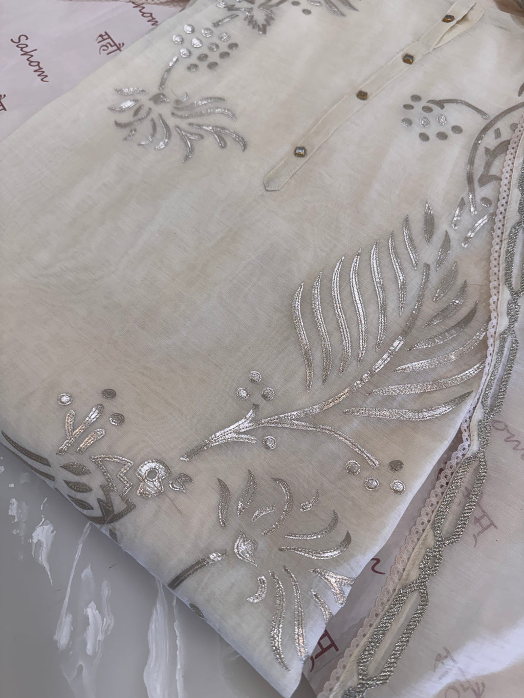 Pure Mul Chanderi Bird Motif Appliqué & Ari Work Kurta Dupatta Set