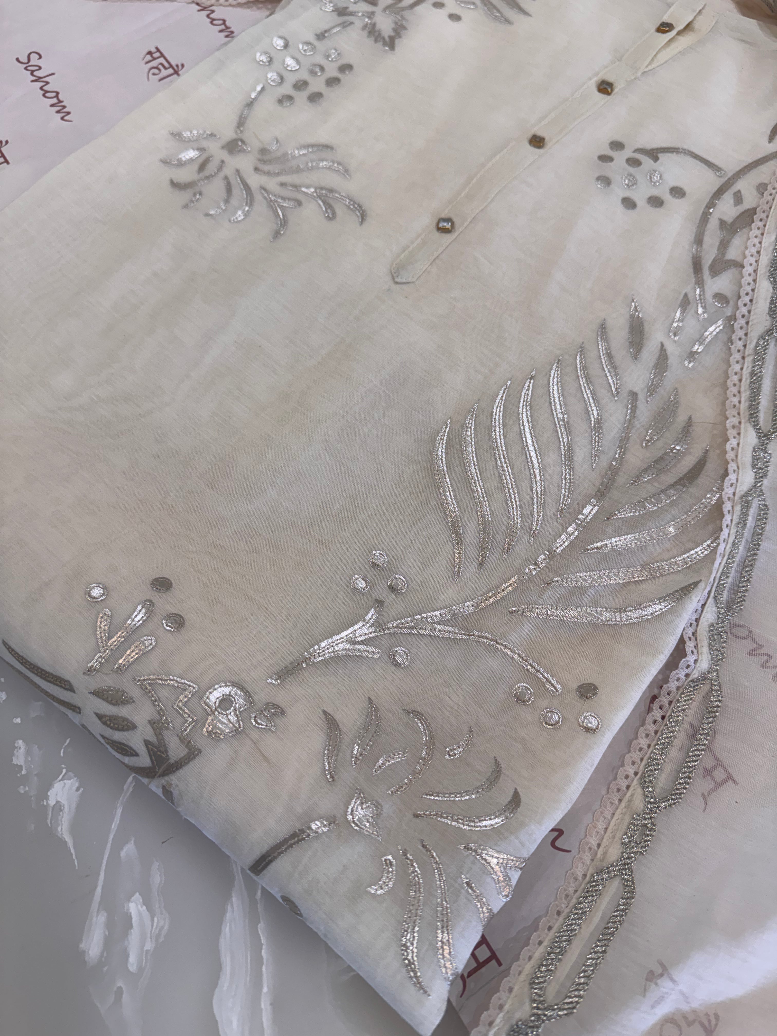 Pure Mul Chanderi Bird Motif Appliqué & Ari Work Kurta Dupatta Set