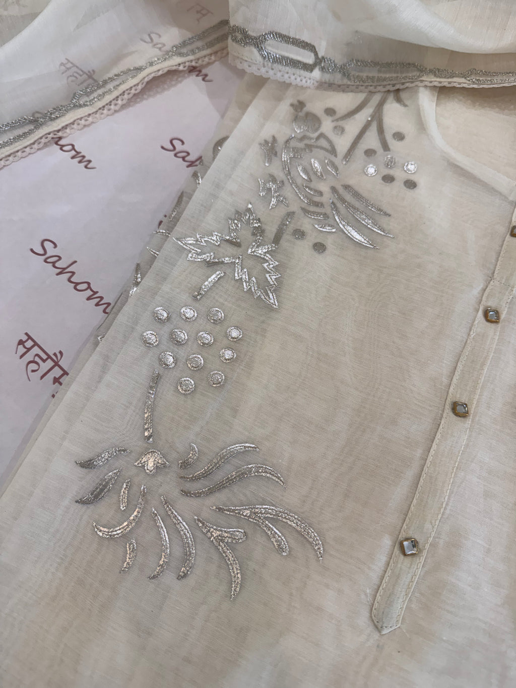 Pure Mul Chanderi Bird Motif Appliqué & Ari Work Kurta Dupatta Set