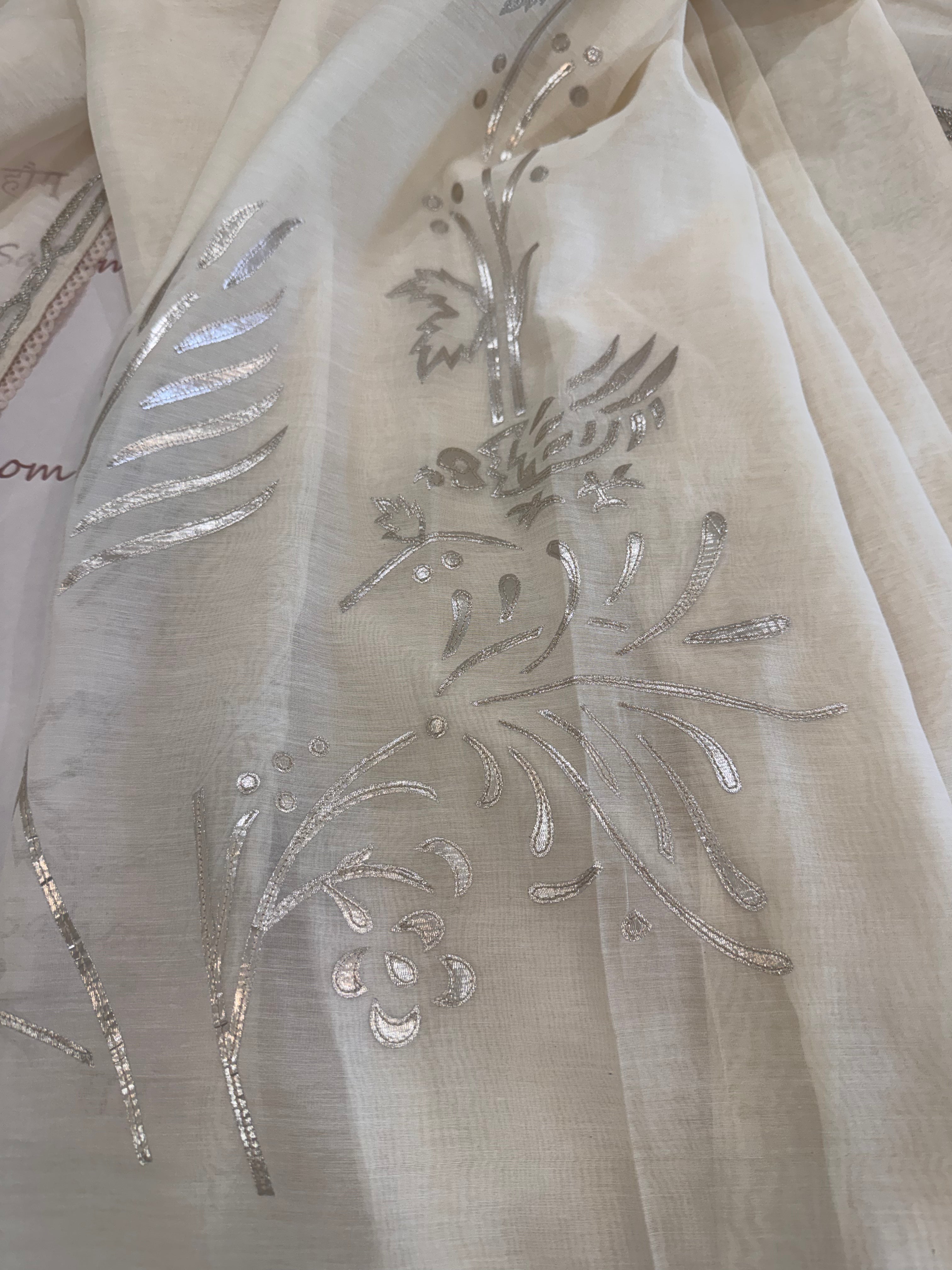 Pure Mul Chanderi Bird Motif Appliqué & Ari Work Kurta Dupatta Set