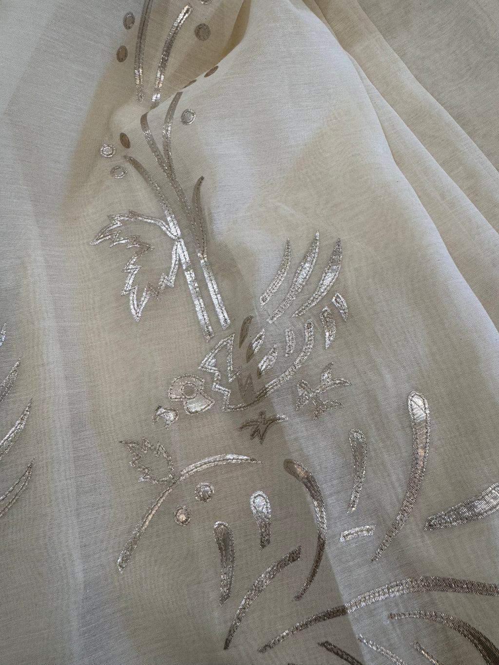 Pure Mul Chanderi Bird Motif Appliqué & Ari Work Kurta Dupatta Set