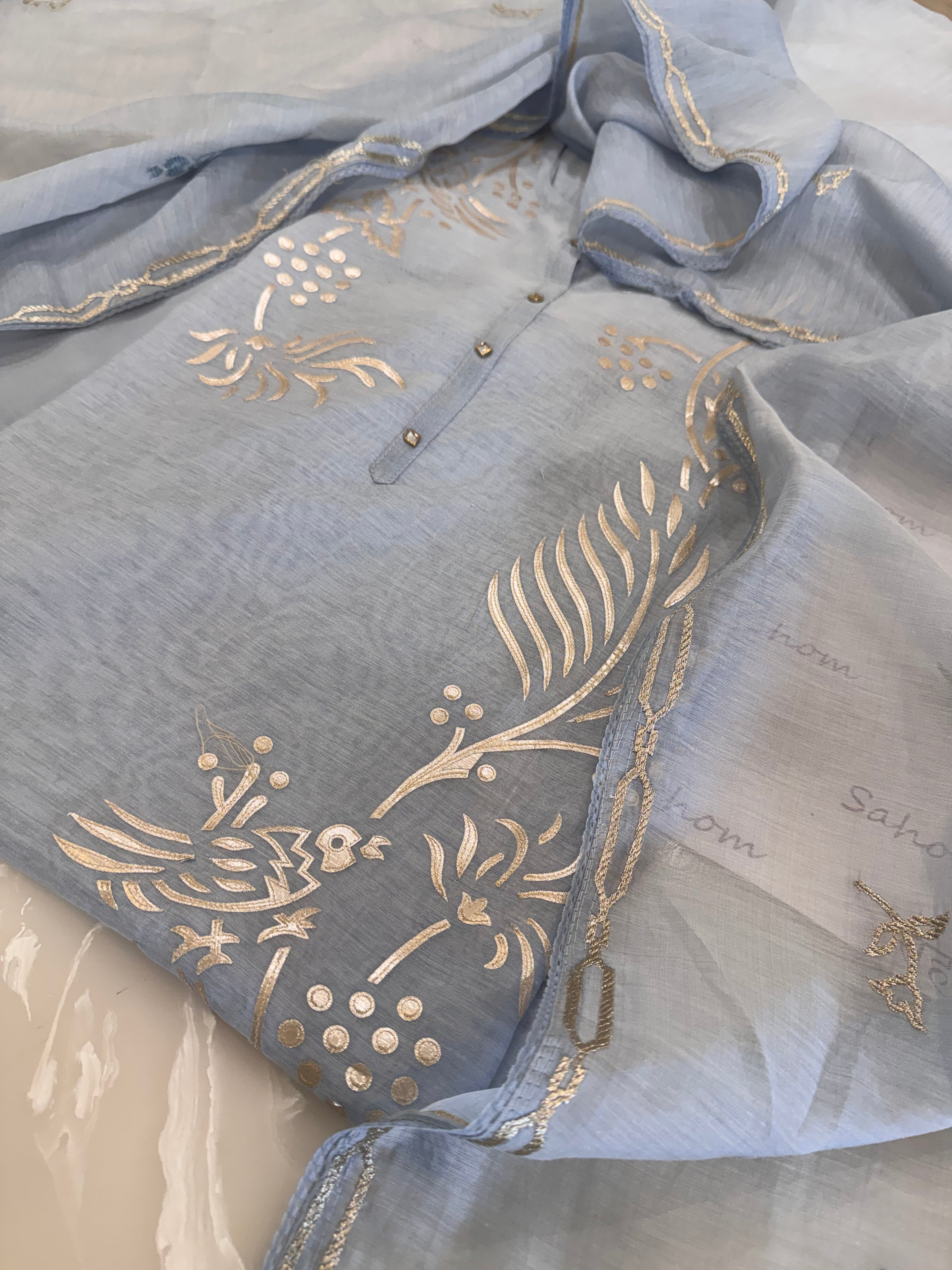 Pure Mul Chanderi Bird Motif Appliqué & Ari Work Kurta Dupatta Set