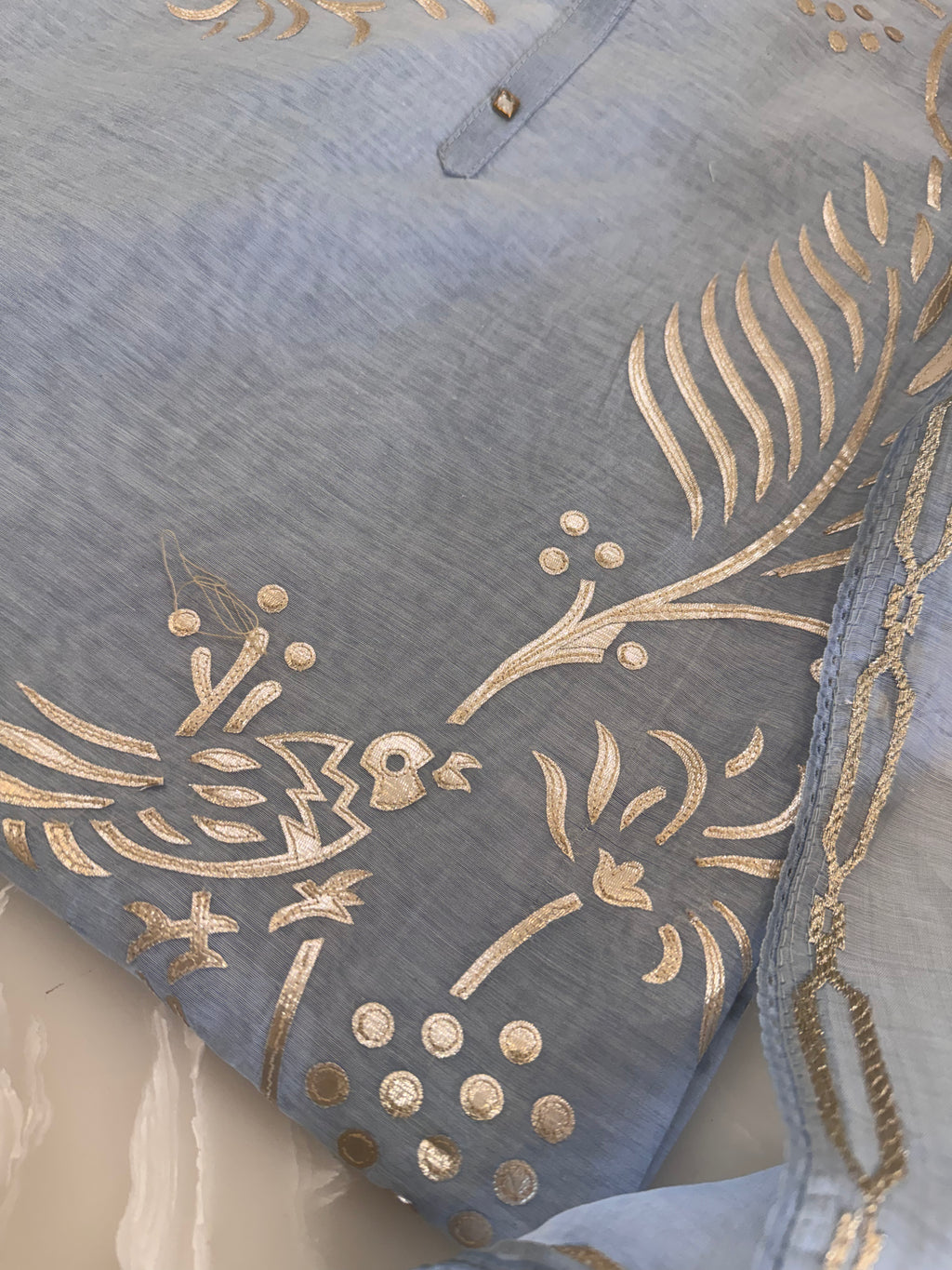 Pure Mul Chanderi Bird Motif Appliqué & Ari Work Kurta Dupatta Set