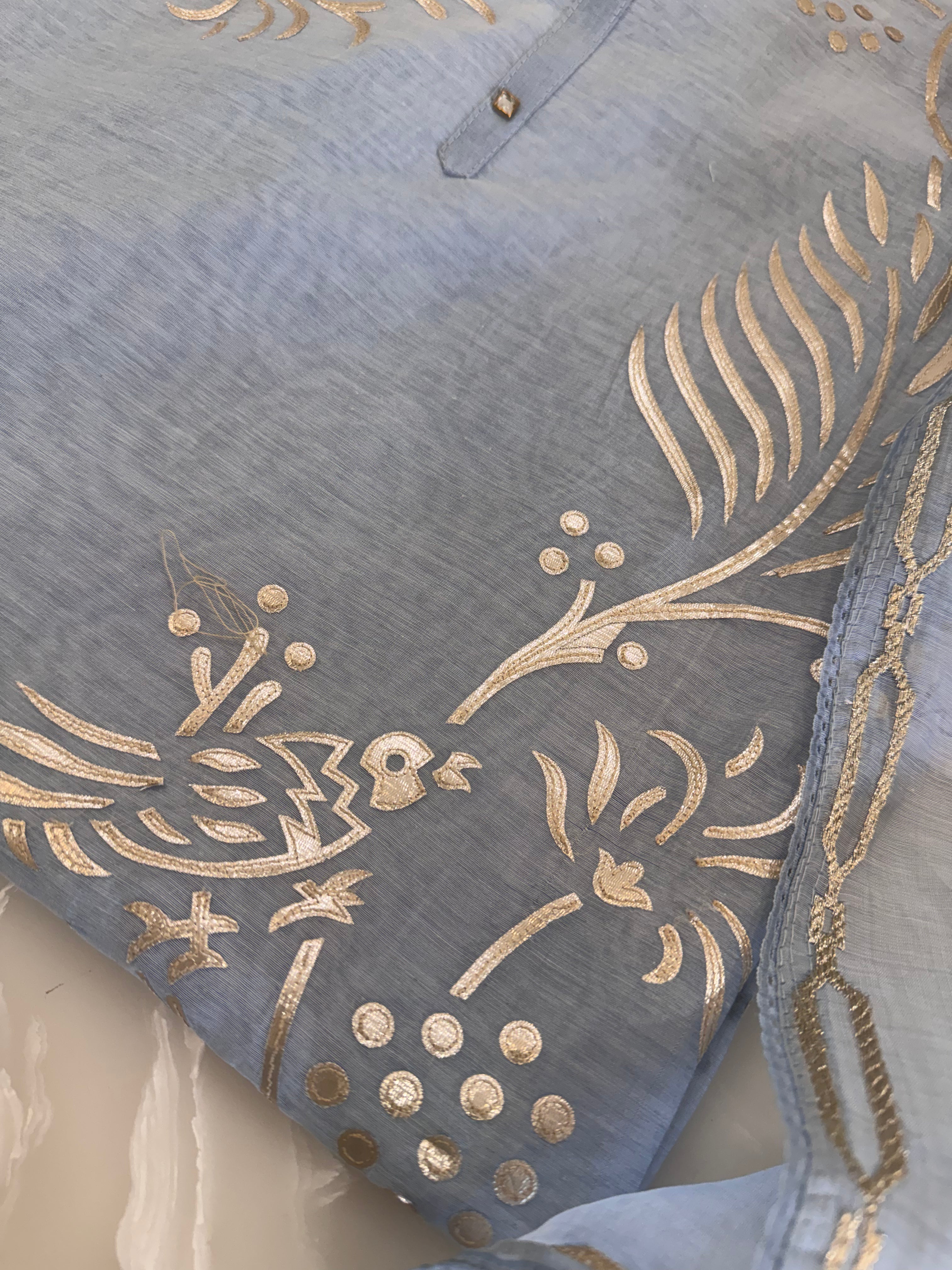 Pure Mul Chanderi Bird Motif Appliqué & Ari Work Kurta Dupatta Set