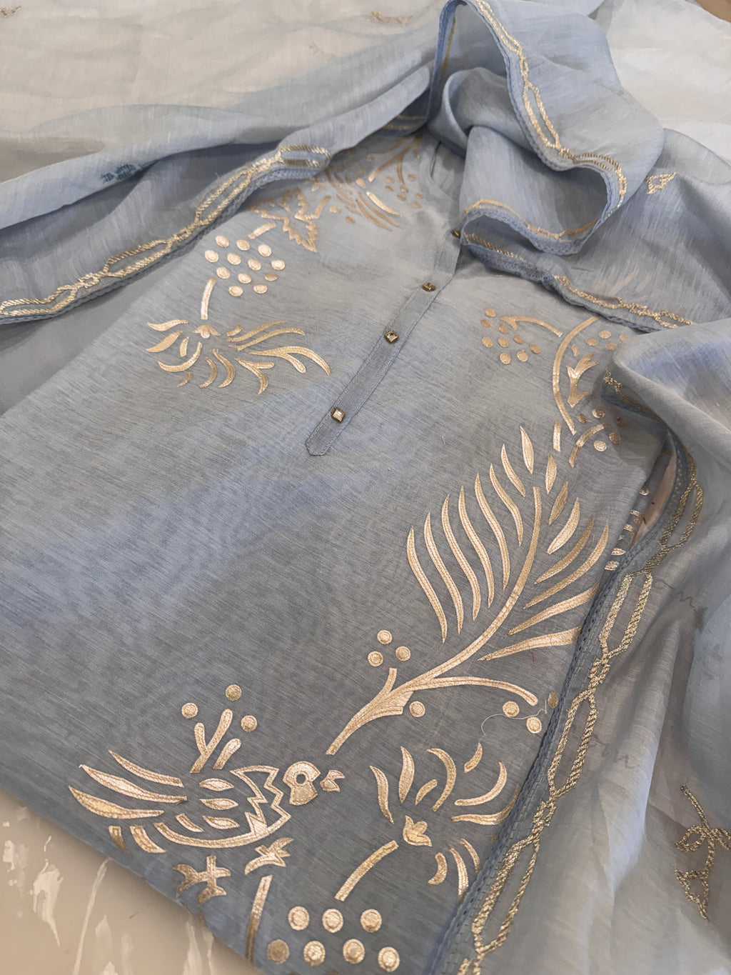 Pure Mul Chanderi Bird Motif Appliqué & Ari Work Kurta Dupatta Set