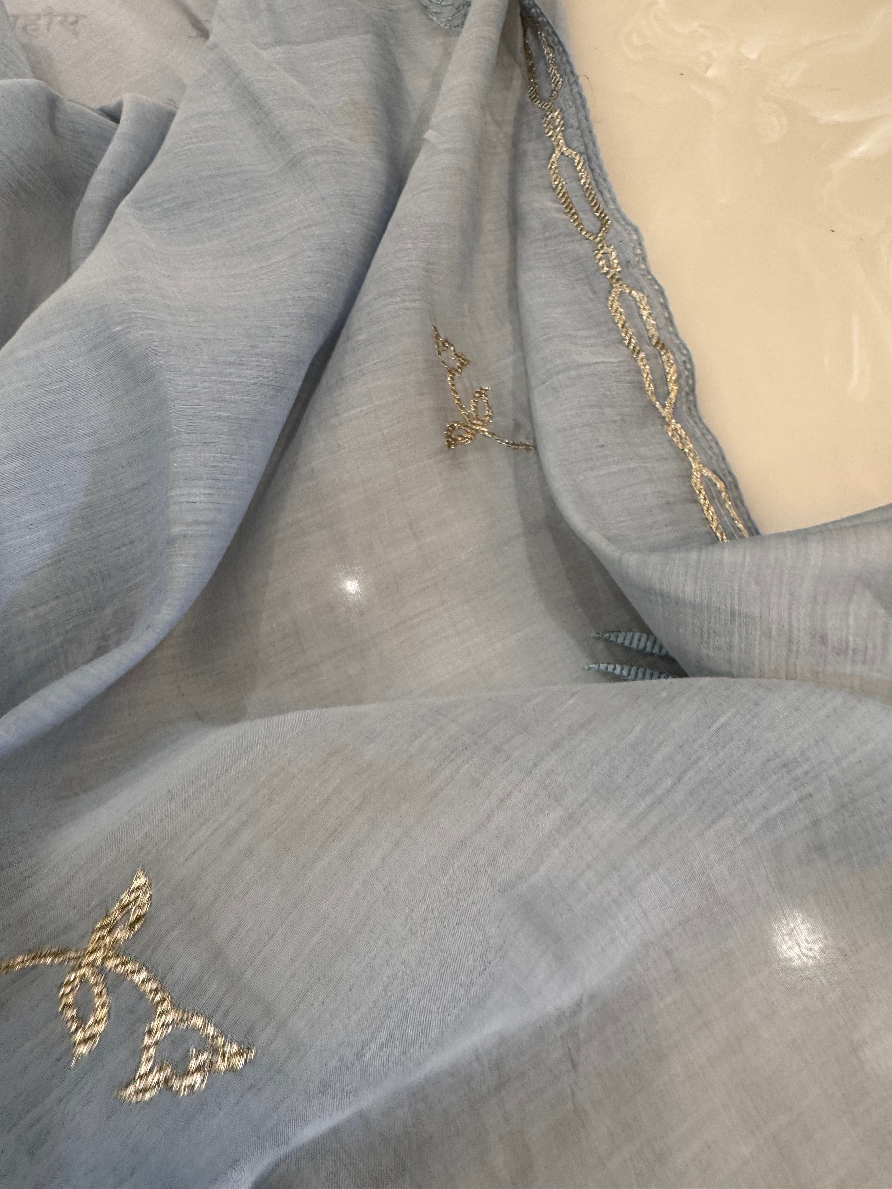 Pure Mul Chanderi Bird Motif Appliqué & Ari Work Kurta Dupatta Set