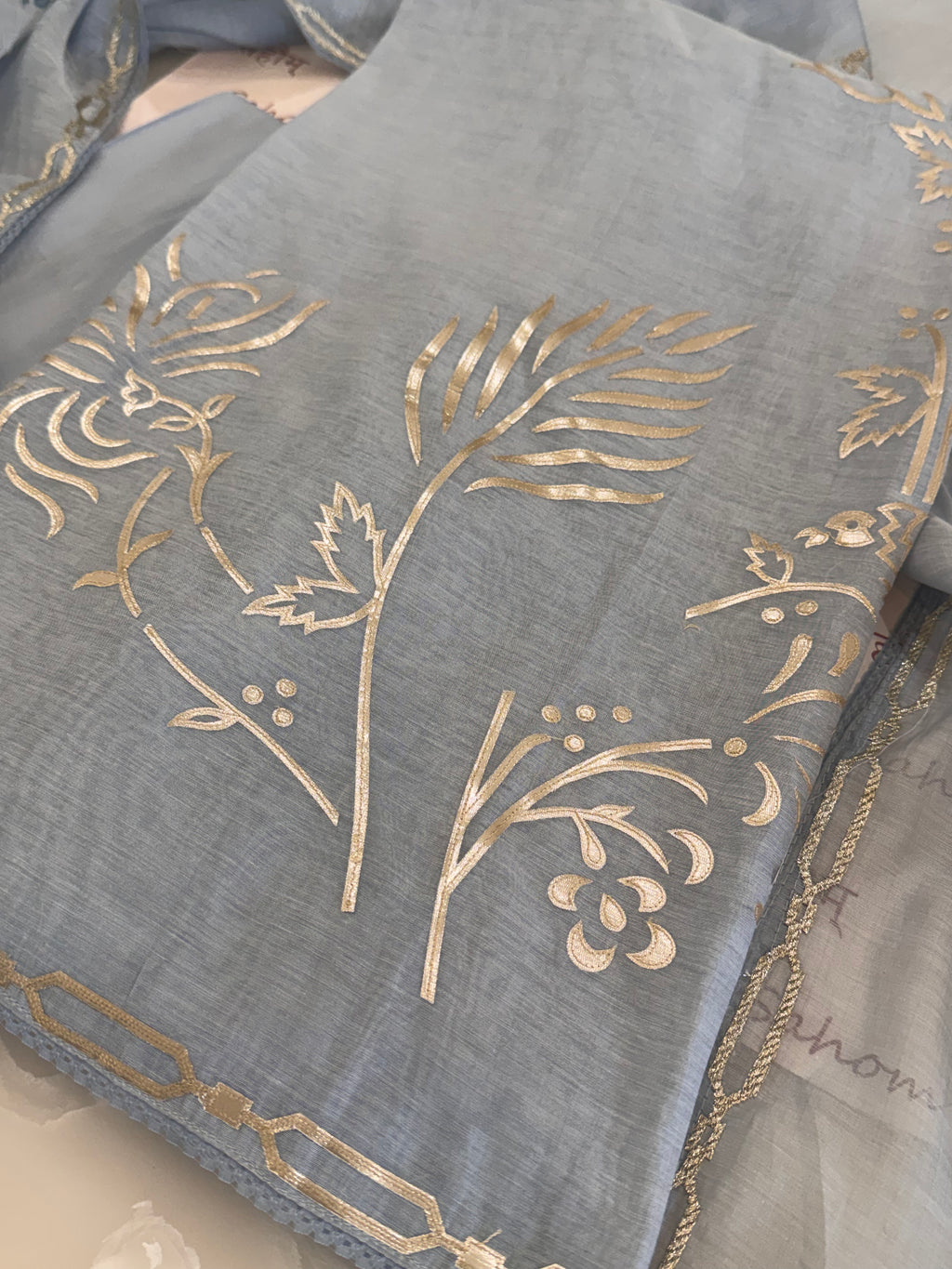 Pure Mul Chanderi Bird Motif Appliqué & Ari Work Kurta Dupatta Set
