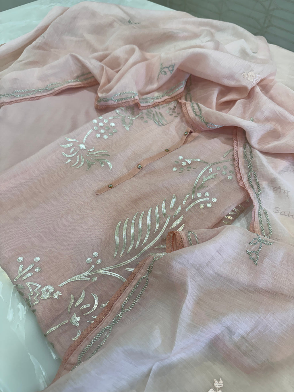 Pure Mul Chanderi Bird Motif Appliqué & Ari Work Kurta Dupatta Set