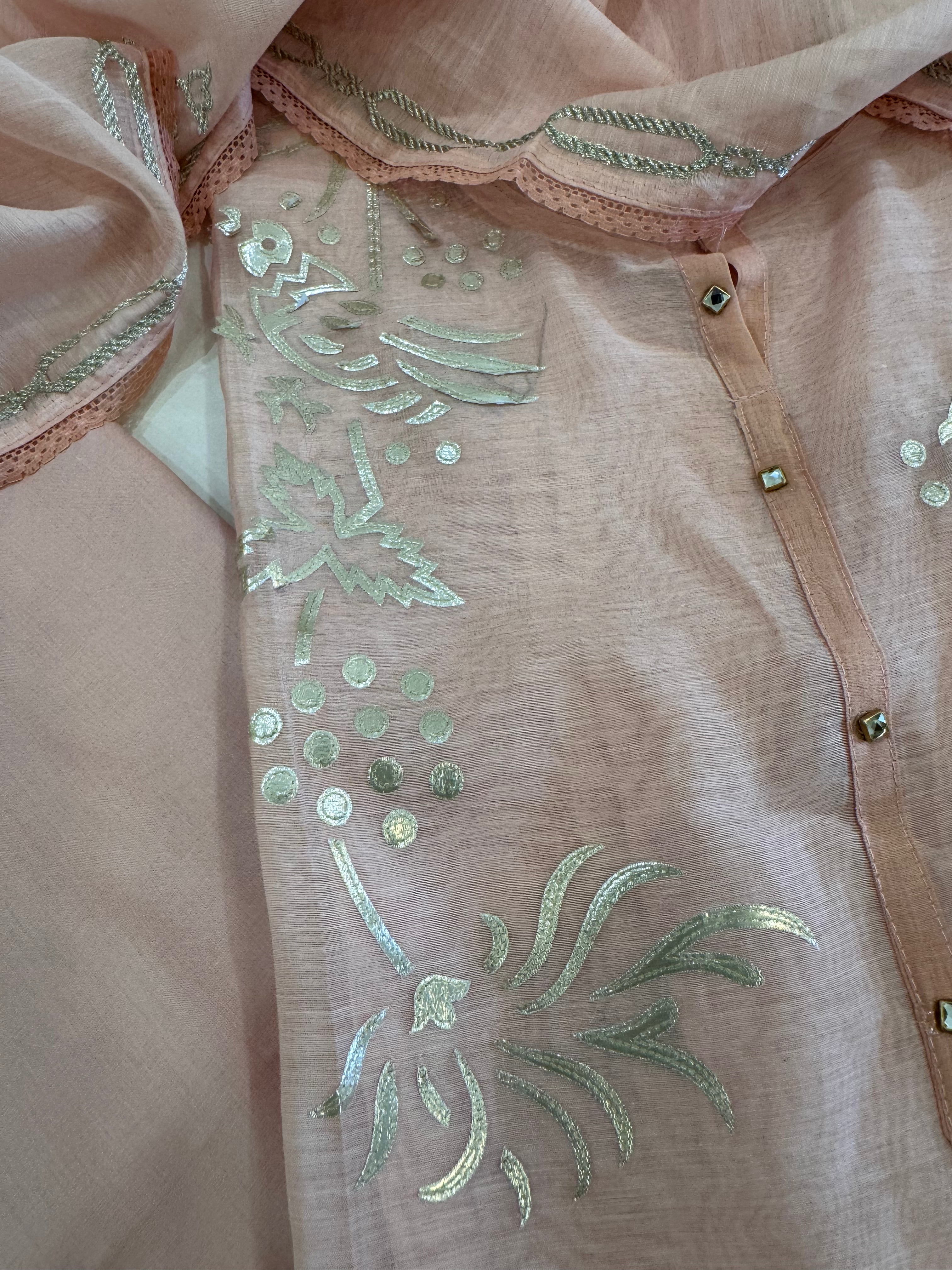 Pure Mul Chanderi Bird Motif Appliqué & Ari Work Kurta Dupatta Set