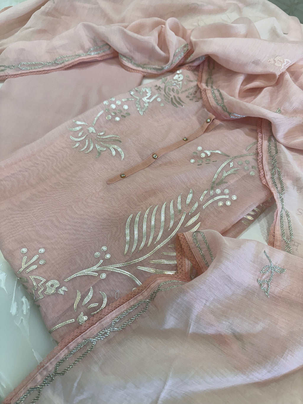 Pure Mul Chanderi Bird Motif Appliqué & Ari Work Kurta Dupatta Set