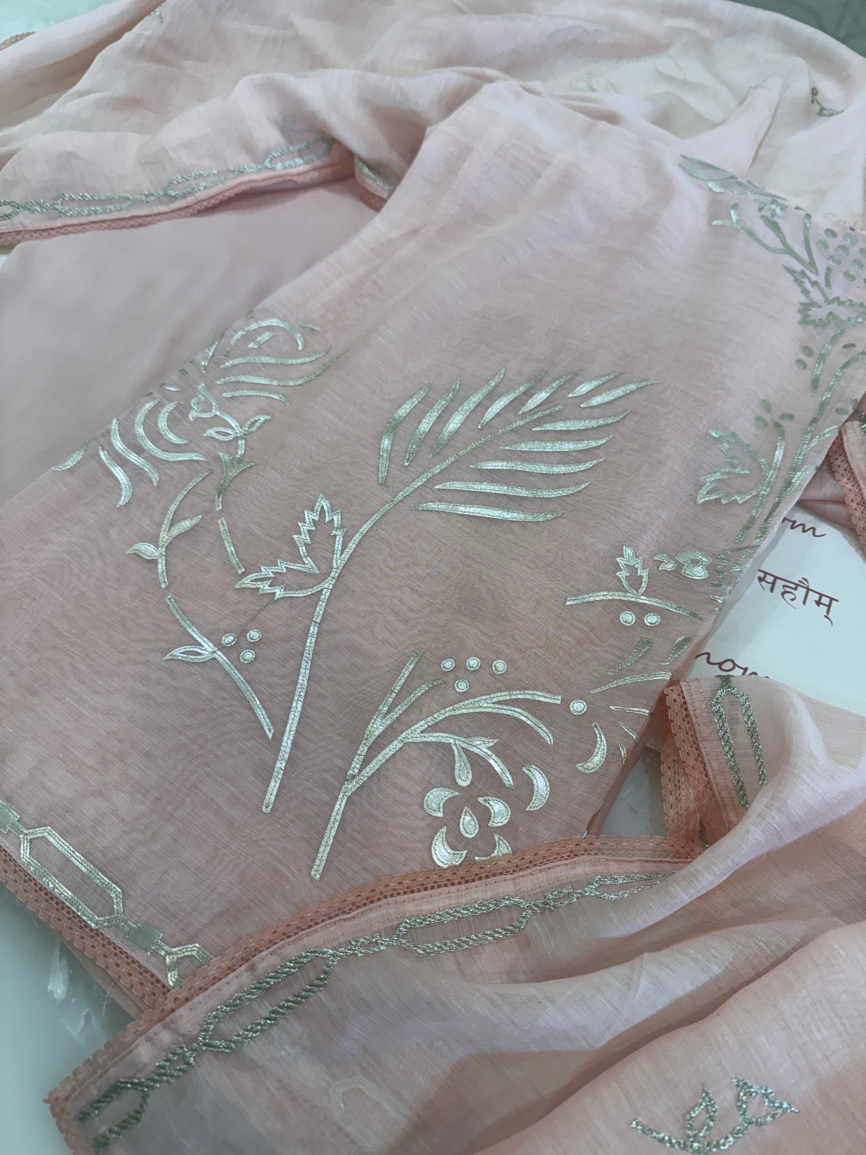 Pure Mul Chanderi Bird Motif Appliqué & Ari Work Kurta Dupatta Set