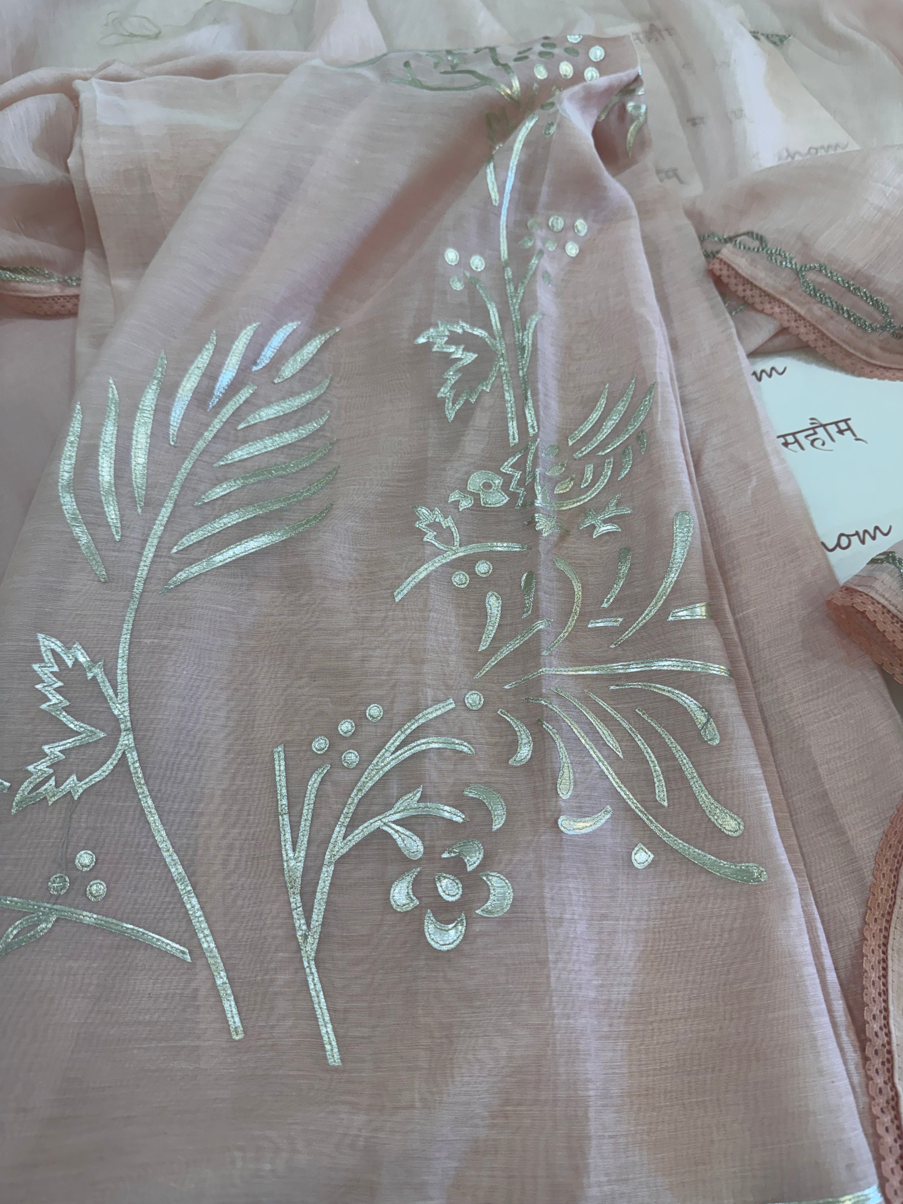 Pure Mul Chanderi Bird Motif Appliqué & Ari Work Kurta Dupatta Set
