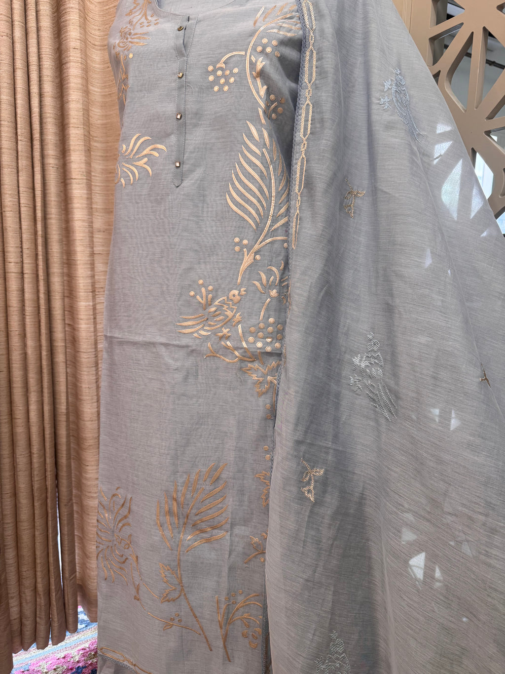 Pure Mul Chanderi Bird Motif Appliqué & Ari Work Kurta Dupatta Set