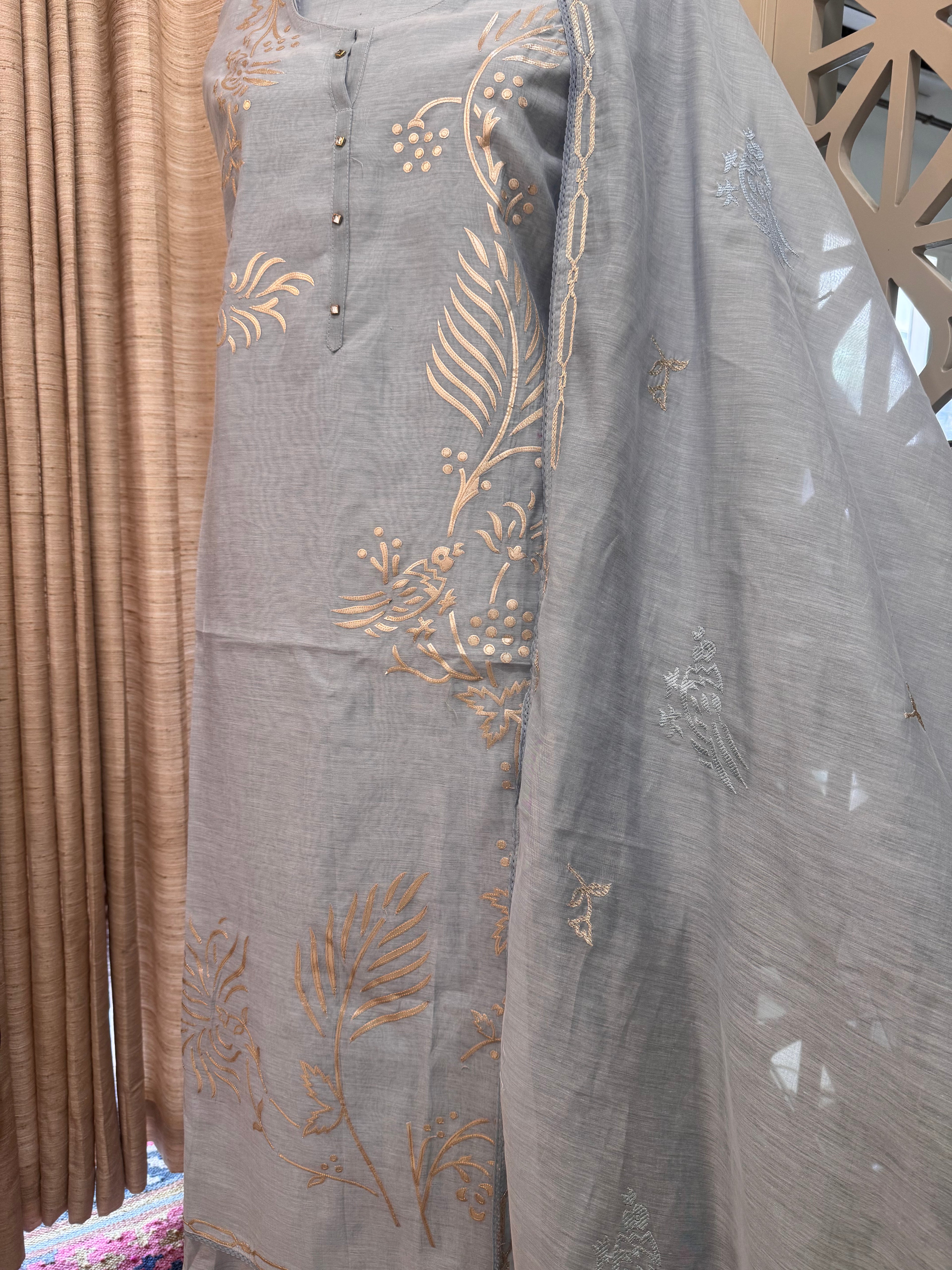 Pure Mul Chanderi Bird Motif Appliqué & Ari Work Kurta Dupatta Set