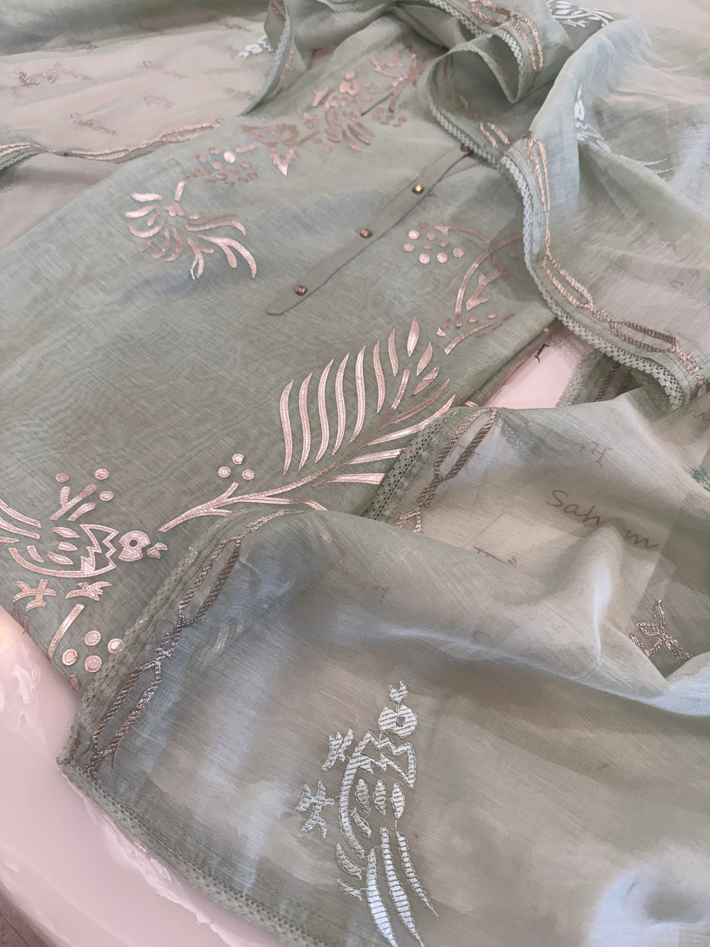 Pure Mul Chanderi Bird Motif Appliqué & Ari Work Kurta Dupatta Set