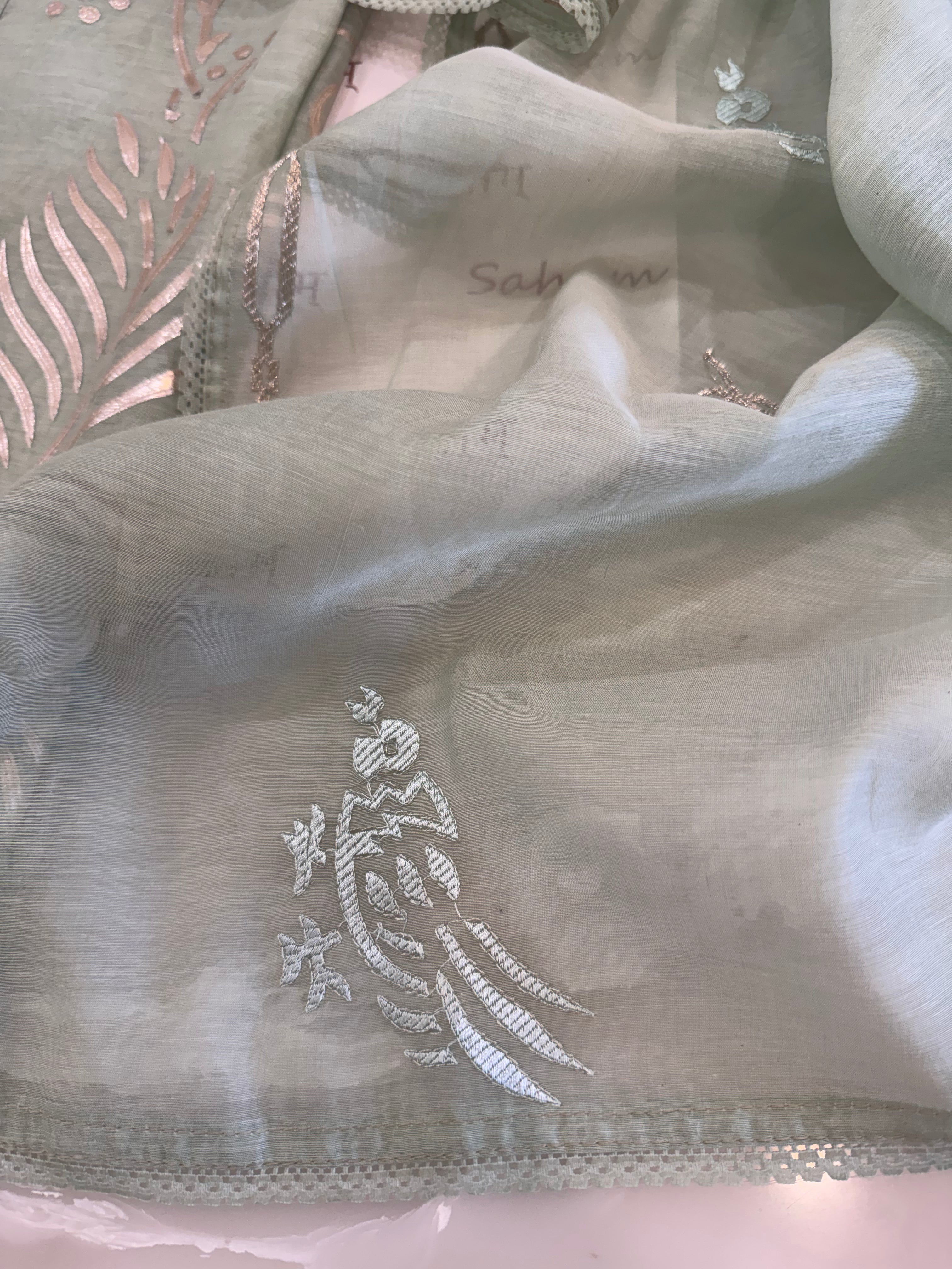 Pure Mul Chanderi Bird Motif Appliqué & Ari Work Kurta Dupatta Set