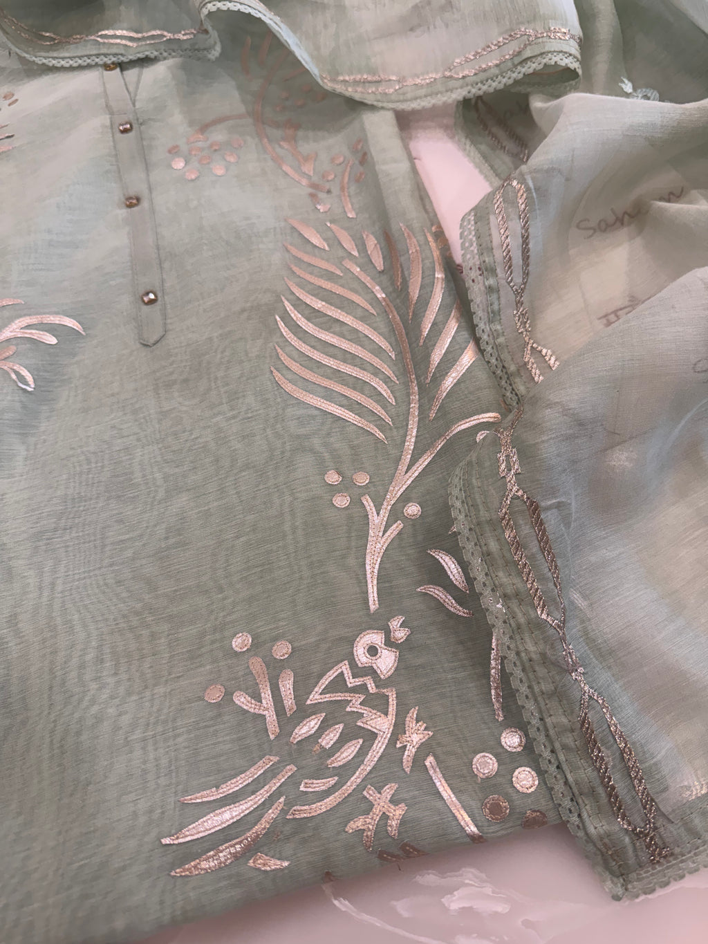 Pure Mul Chanderi Bird Motif Appliqué & Ari Work Kurta Dupatta Set