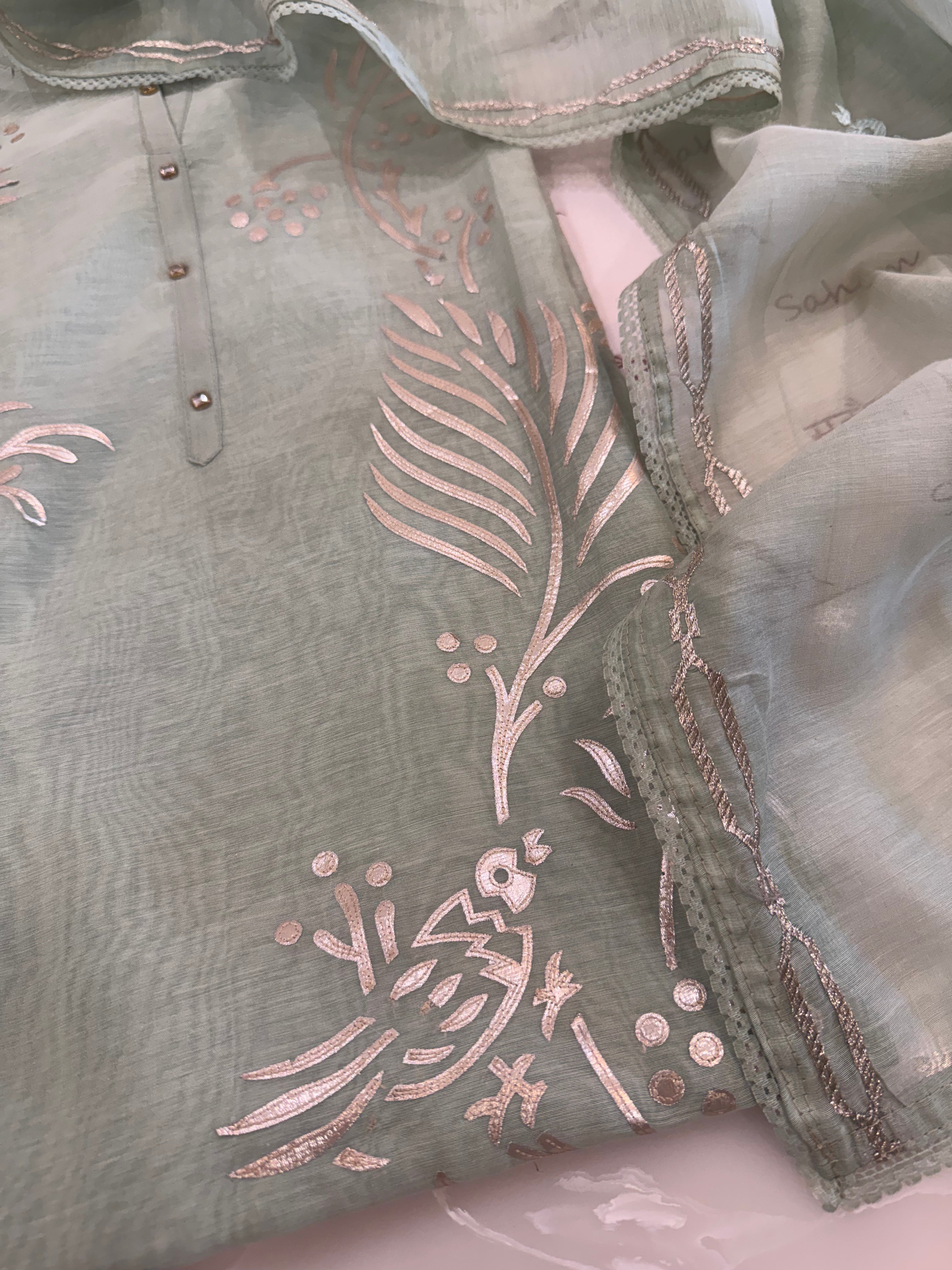 Pure Mul Chanderi Bird Motif Appliqué & Ari Work Kurta Dupatta Set
