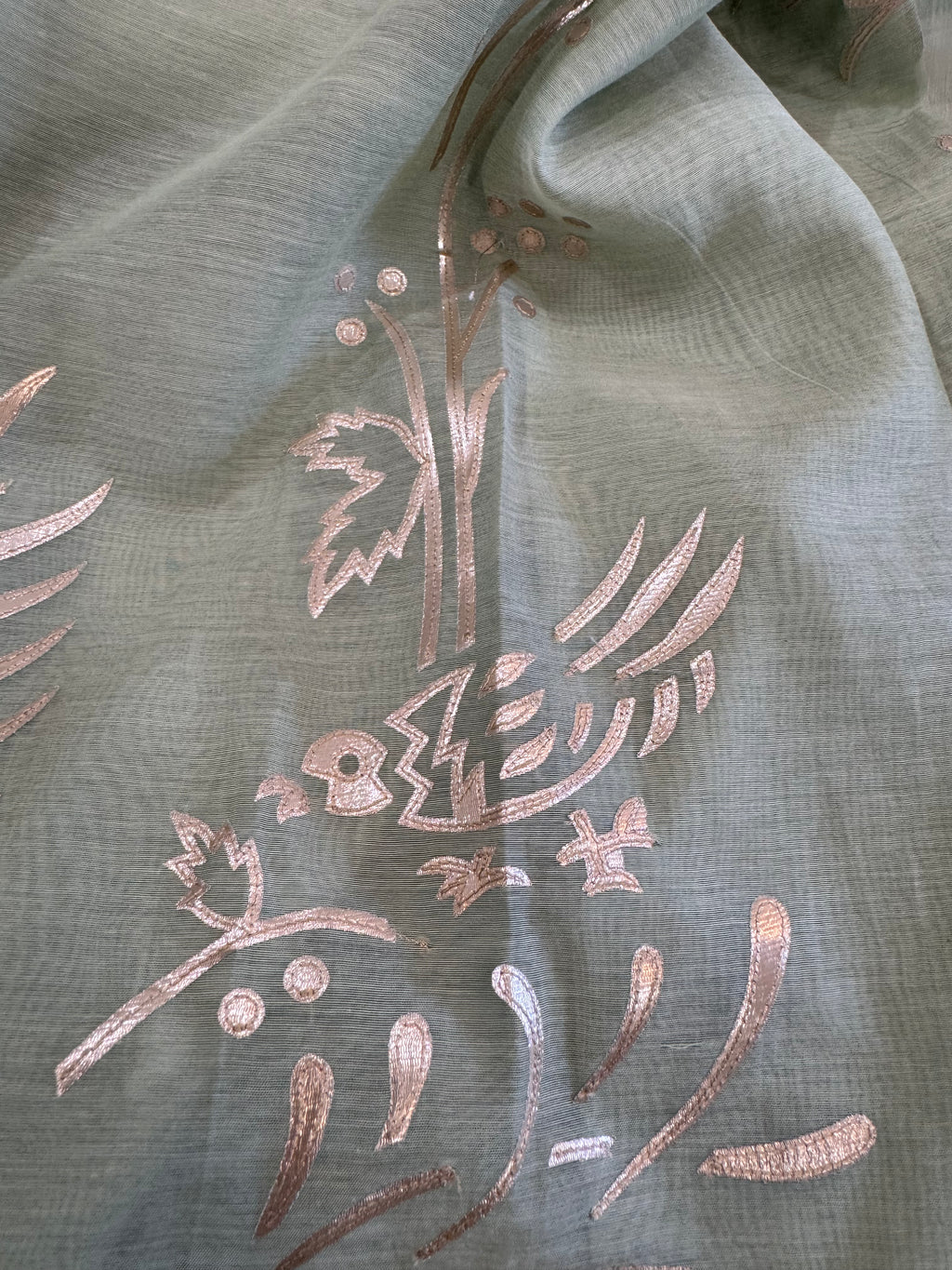 Pure Mul Chanderi Bird Motif Appliqué & Ari Work Kurta Dupatta Set
