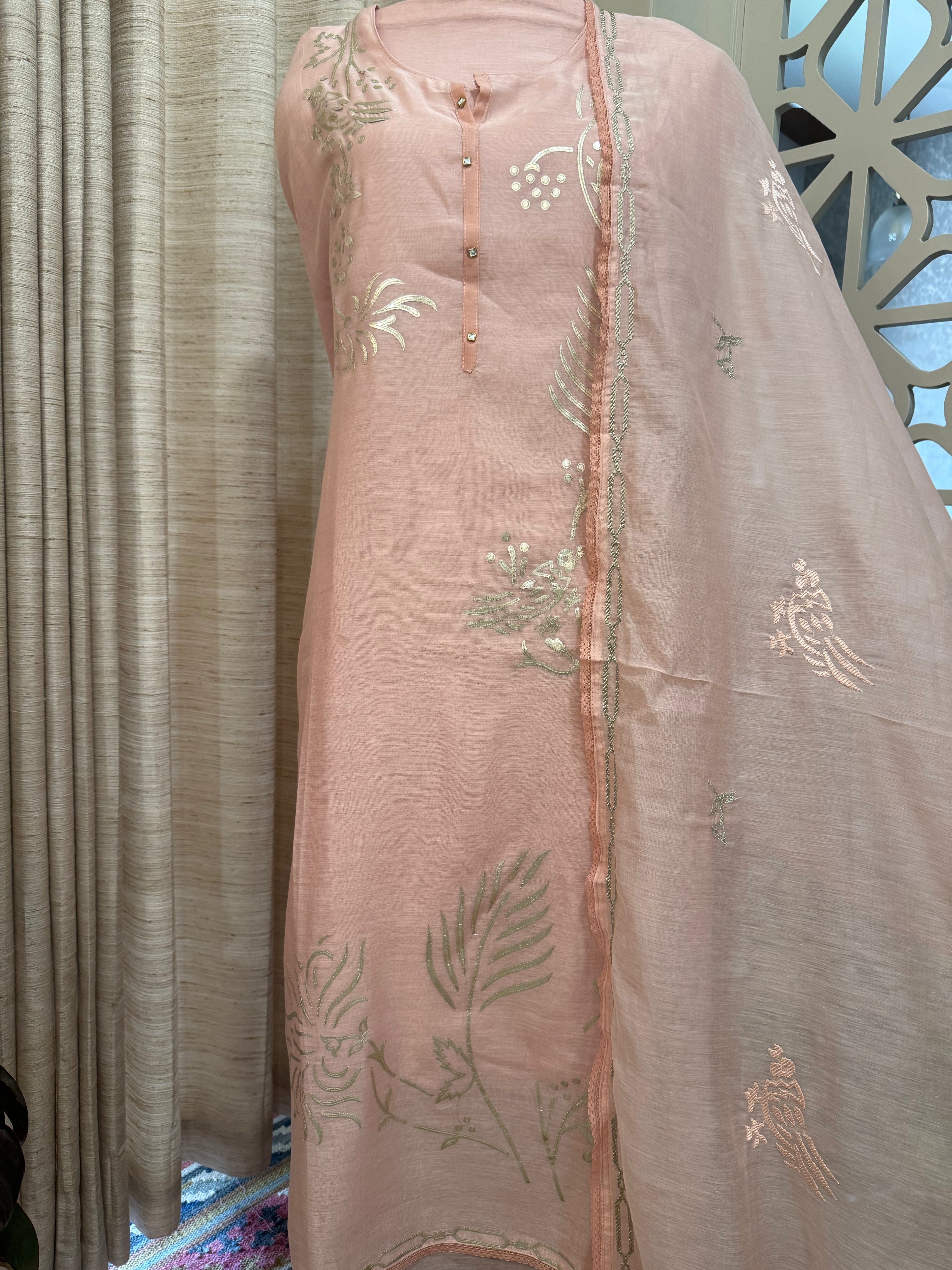 Pure Mul Chanderi Bird Motif Appliqué & Ari Work Kurta Dupatta Set