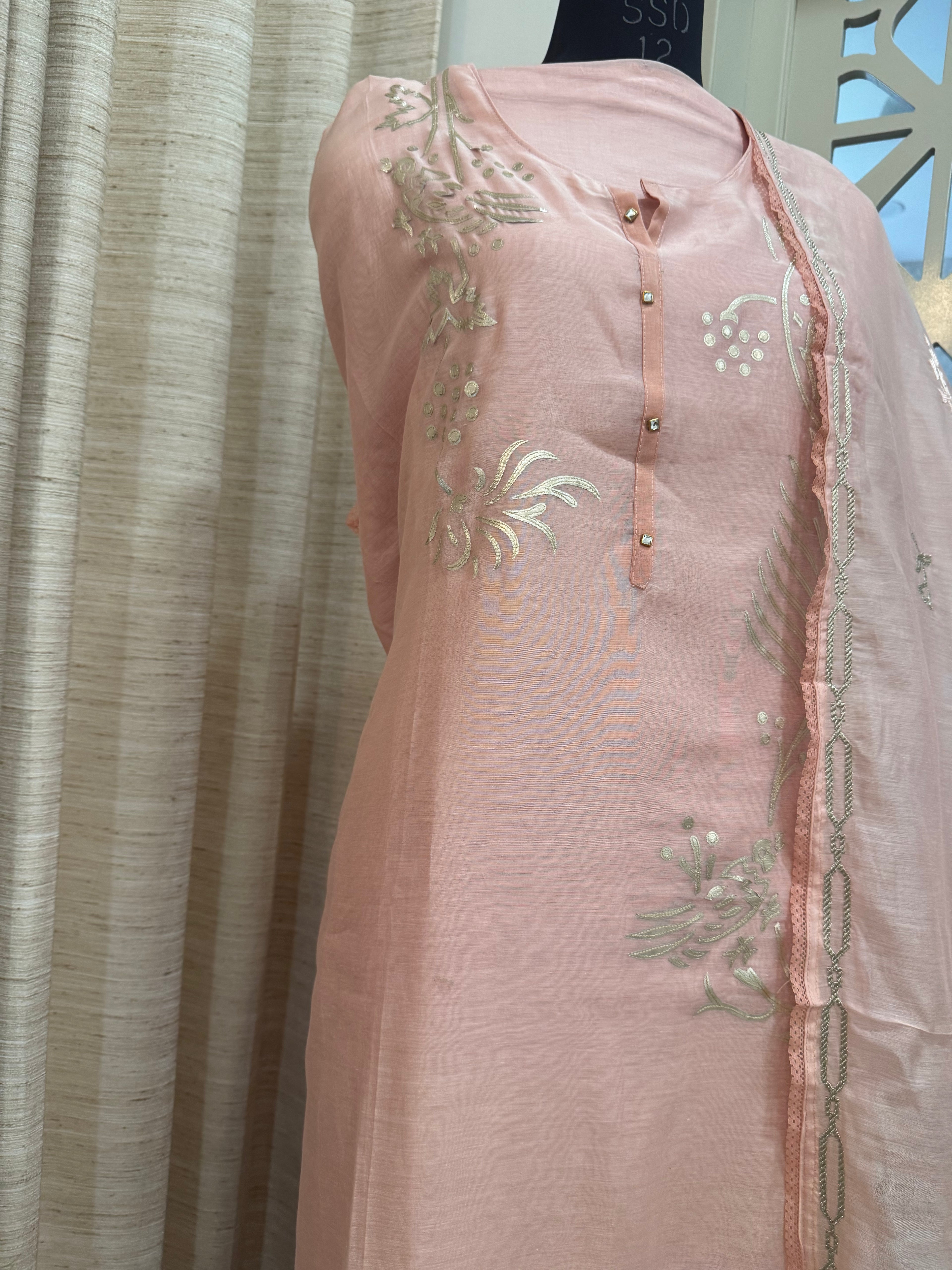 Pure Mul Chanderi Bird Motif Appliqué & Ari Work Kurta Dupatta Set