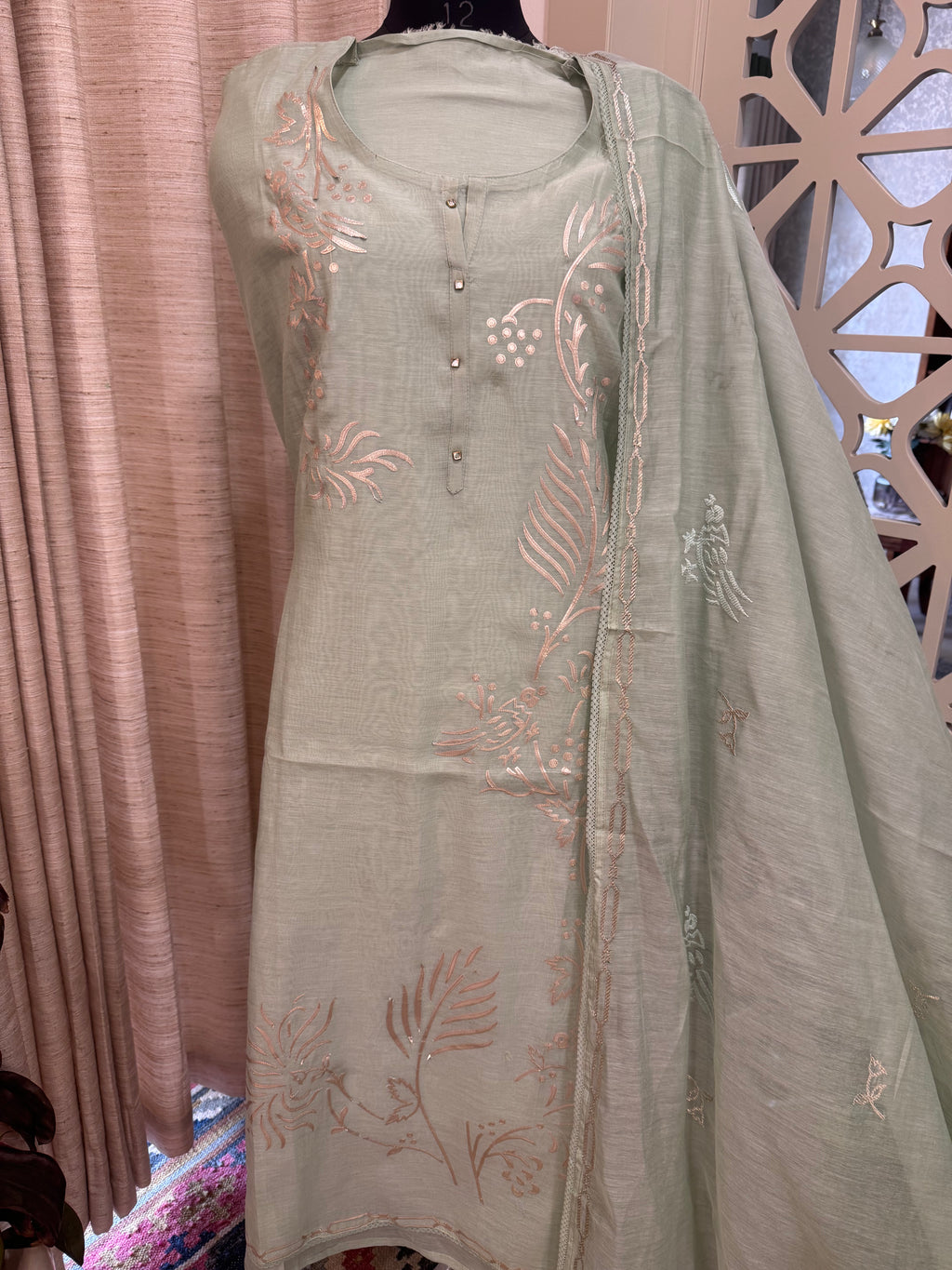 Pure Mul Chanderi Bird Motif Appliqué & Ari Work Kurta Dupatta Set