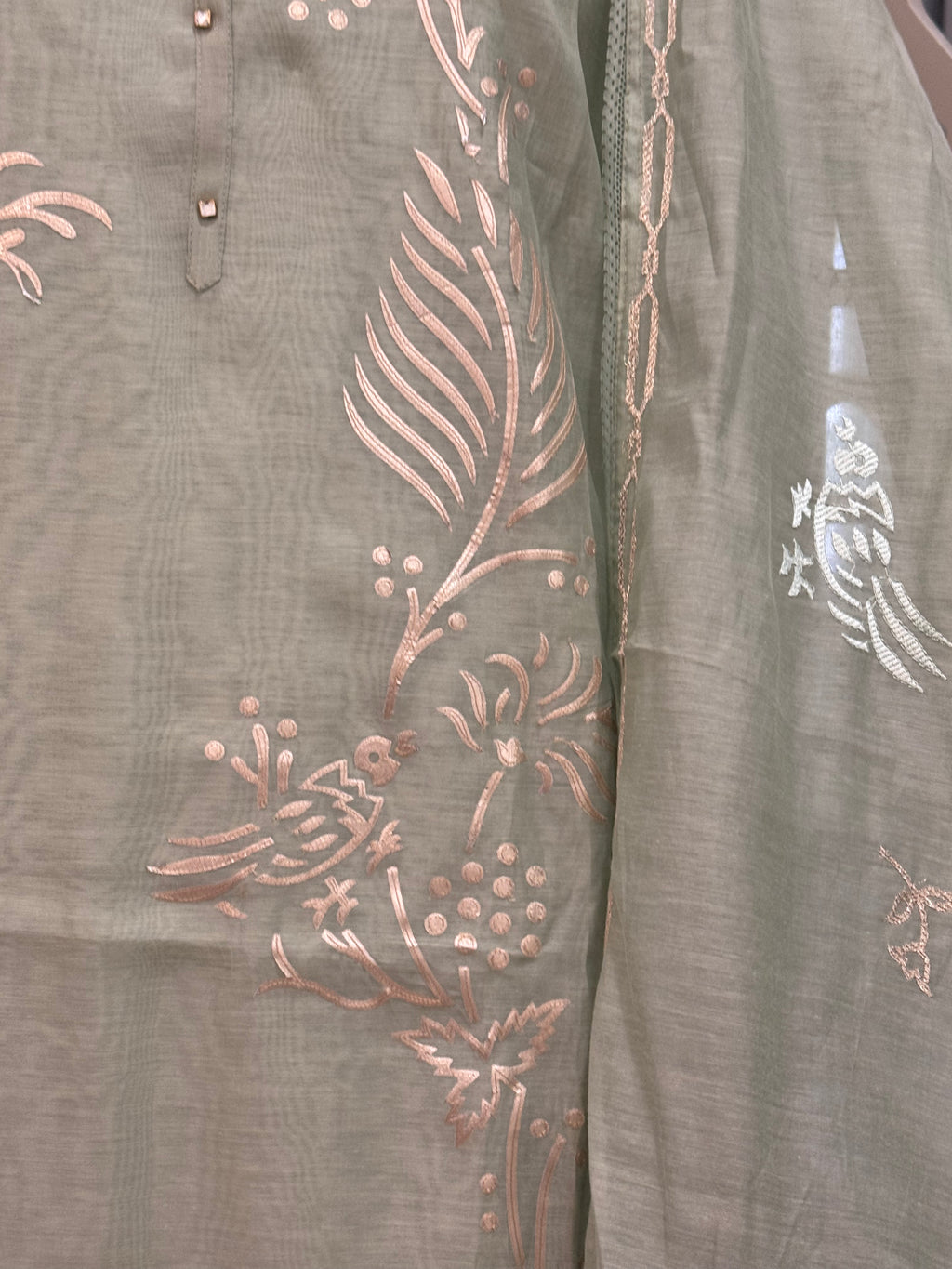Pure Mul Chanderi Bird Motif Appliqué & Ari Work Kurta Dupatta Set