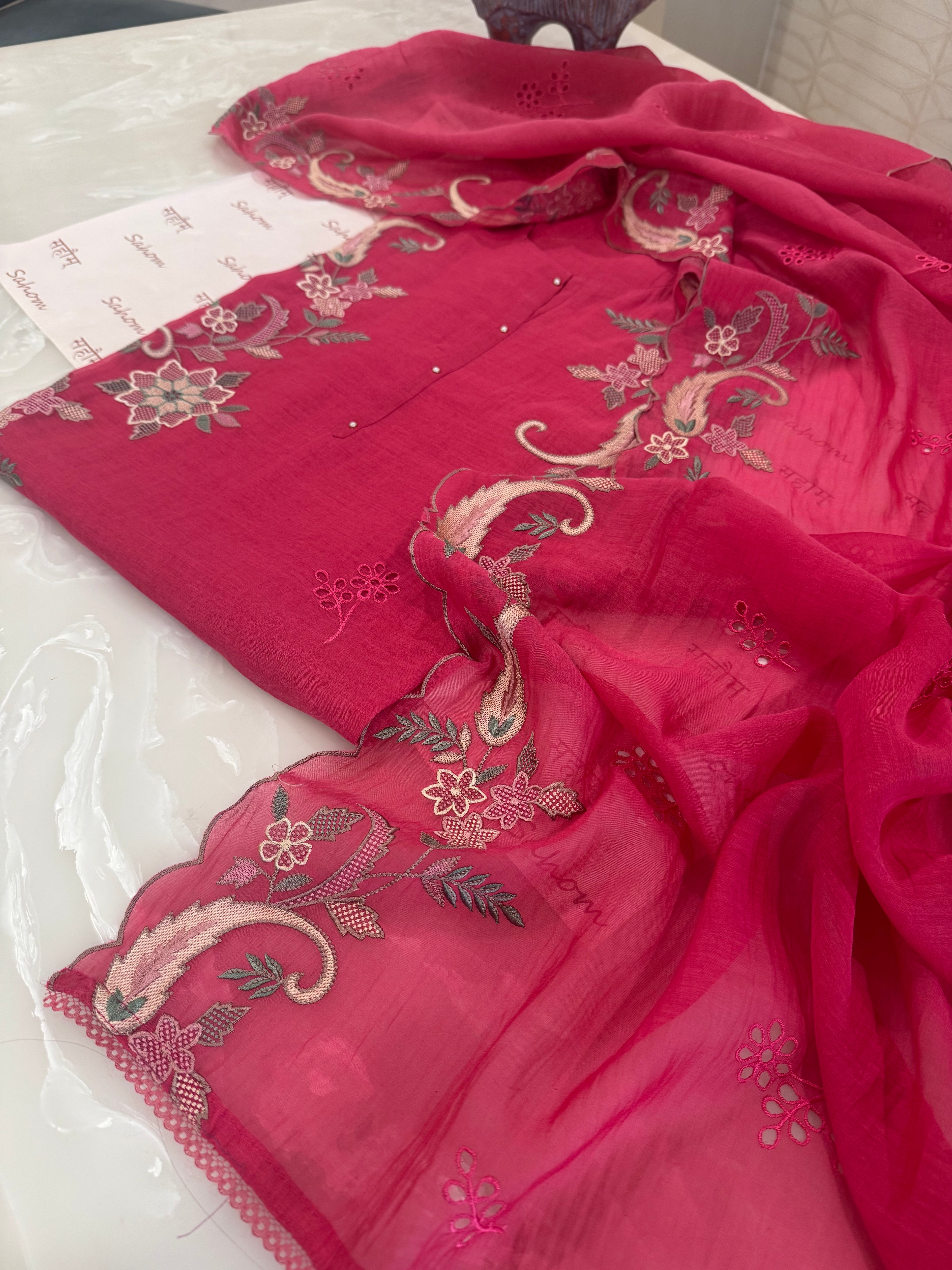 Pure Mul Chanderi Multicolour Embroidered Semi-Stitched Kurta Dupatta Set