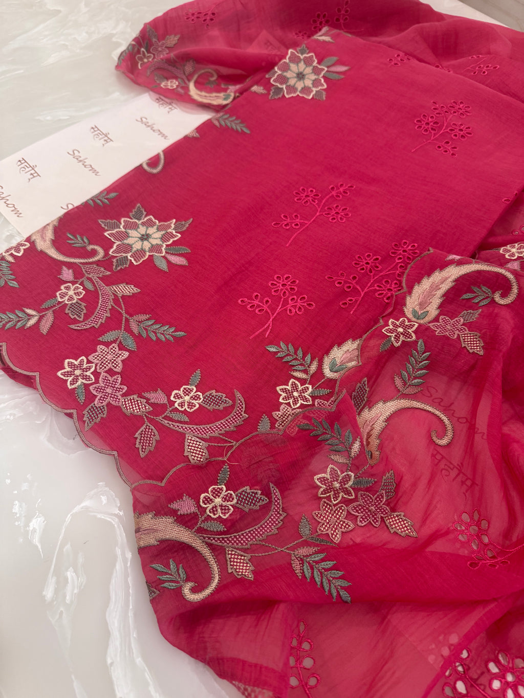 Pure Mul Chanderi Multicolour Embroidered Semi-Stitched Kurta Dupatta Set