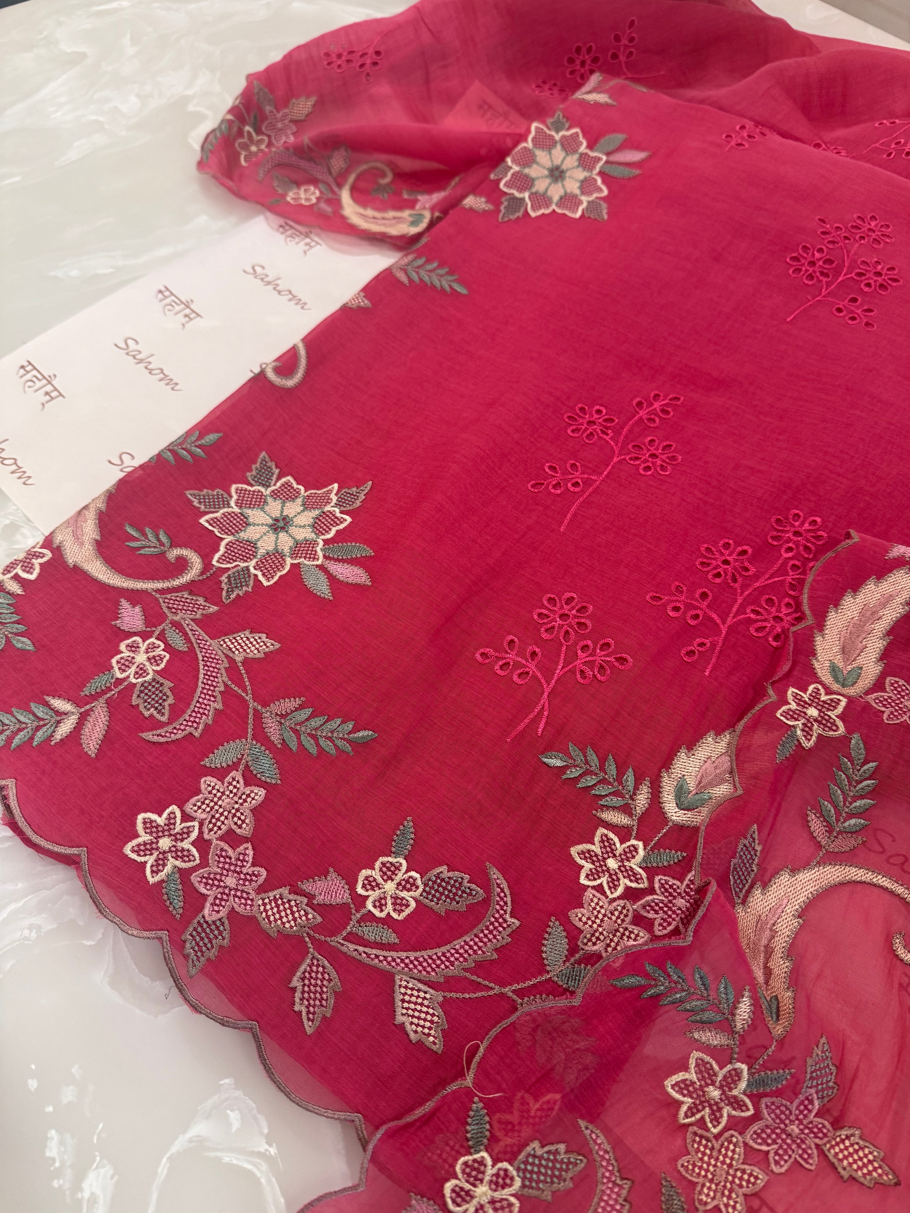 Pure Mul Chanderi Multicolour Embroidered Semi-Stitched Kurta Dupatta Set