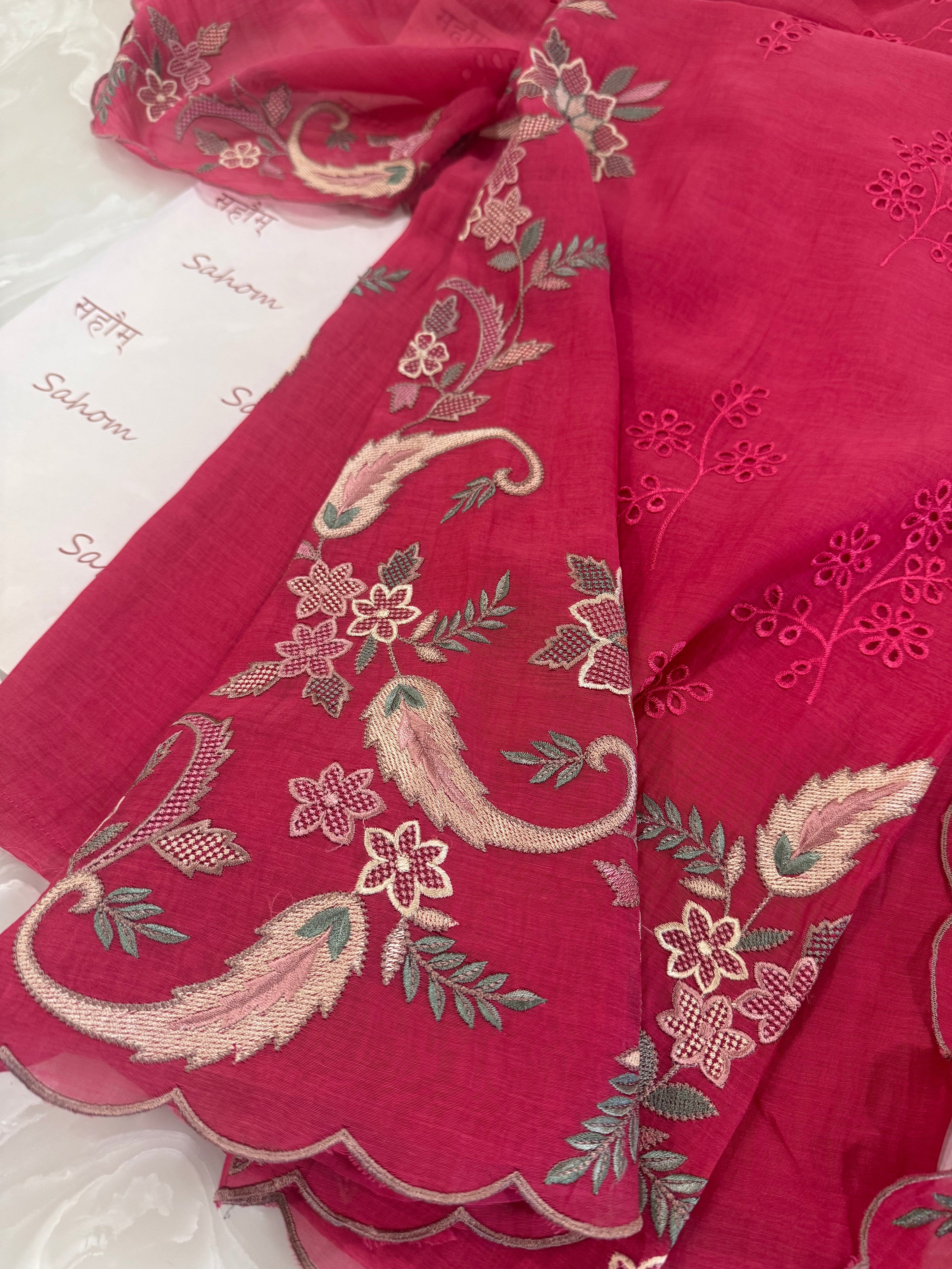 Pure Mul Chanderi Multicolour Embroidered Semi-Stitched Kurta Dupatta Set