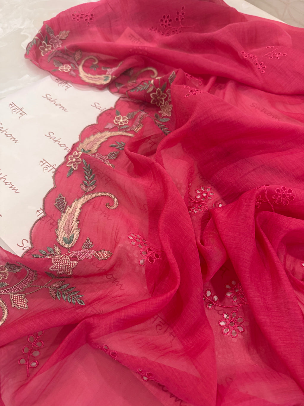 Pure Mul Chanderi Multicolour Embroidered Semi-Stitched Kurta Dupatta Set